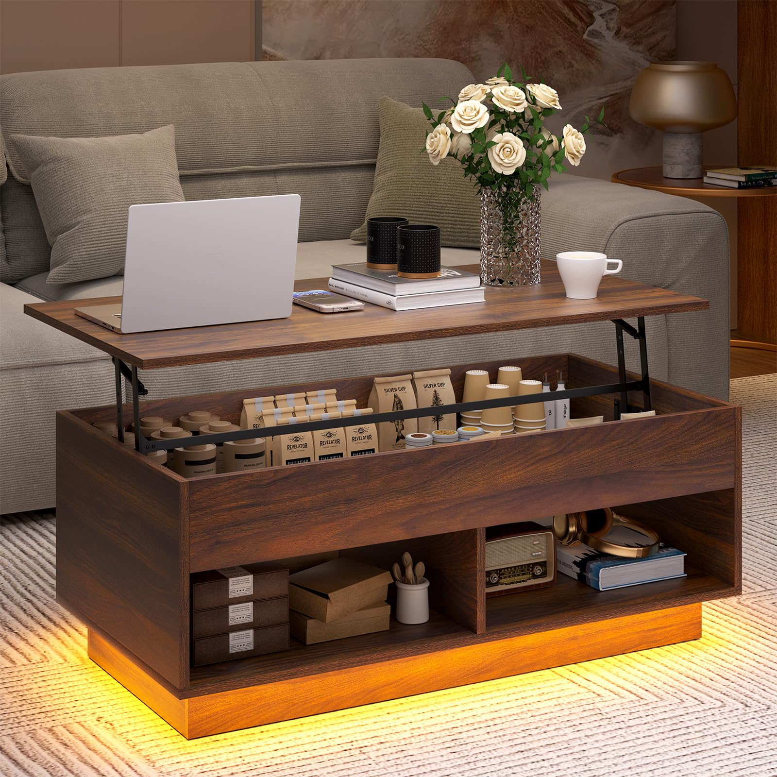 HOMMPA LED Coffee Tables for Living Room, 40 Inch Lift Top Coffee Table with Hidden Storage Mid Century Modern Center Table, Smart Gaming Tea Tables for Home Office Walnut