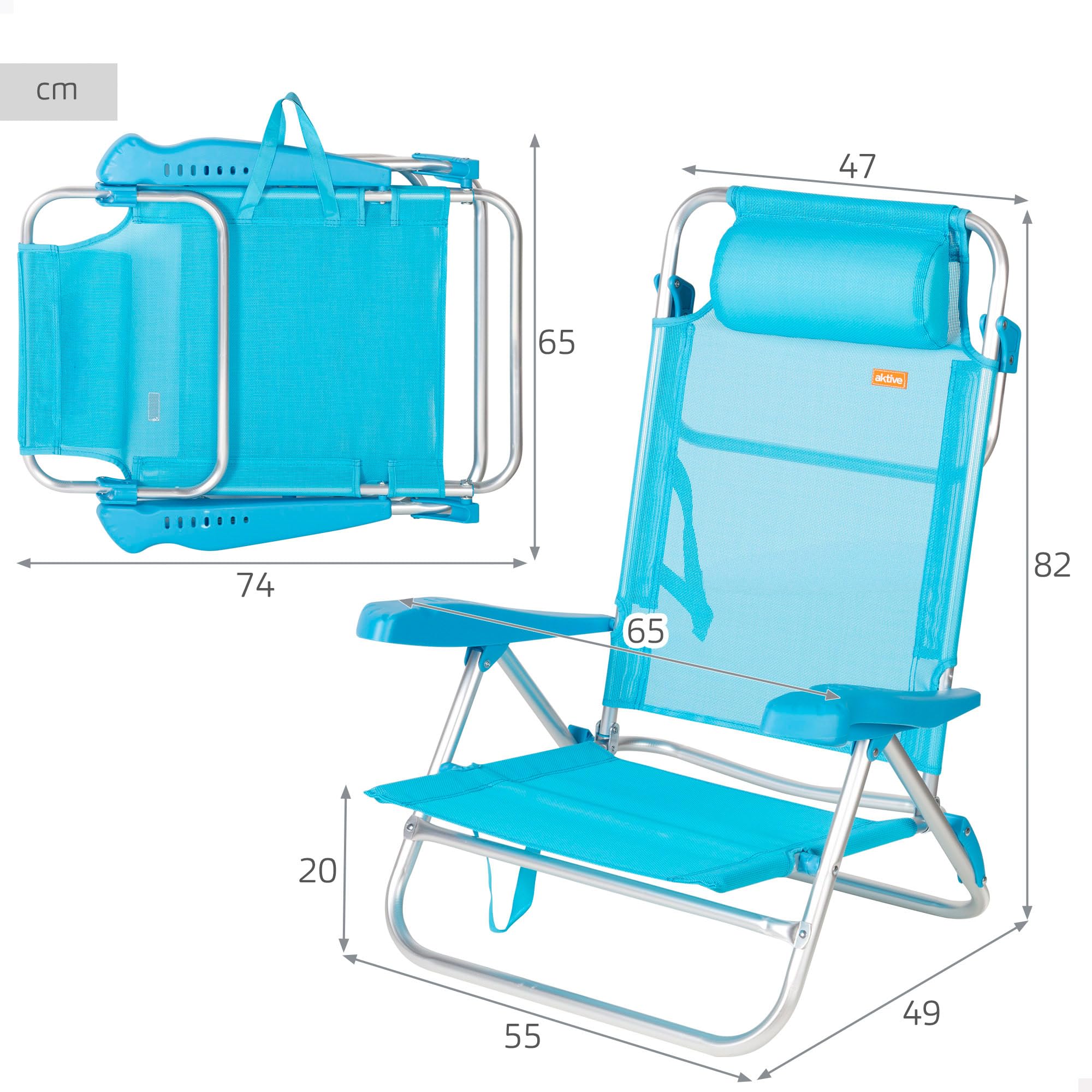 AKTIVE Silla de Playa Plegable, Multiposición 8 Posiciones, Textileno y Aluminio, Azul, 47x49x82 cm, 110 kg, Respaldo Alto Acolchado