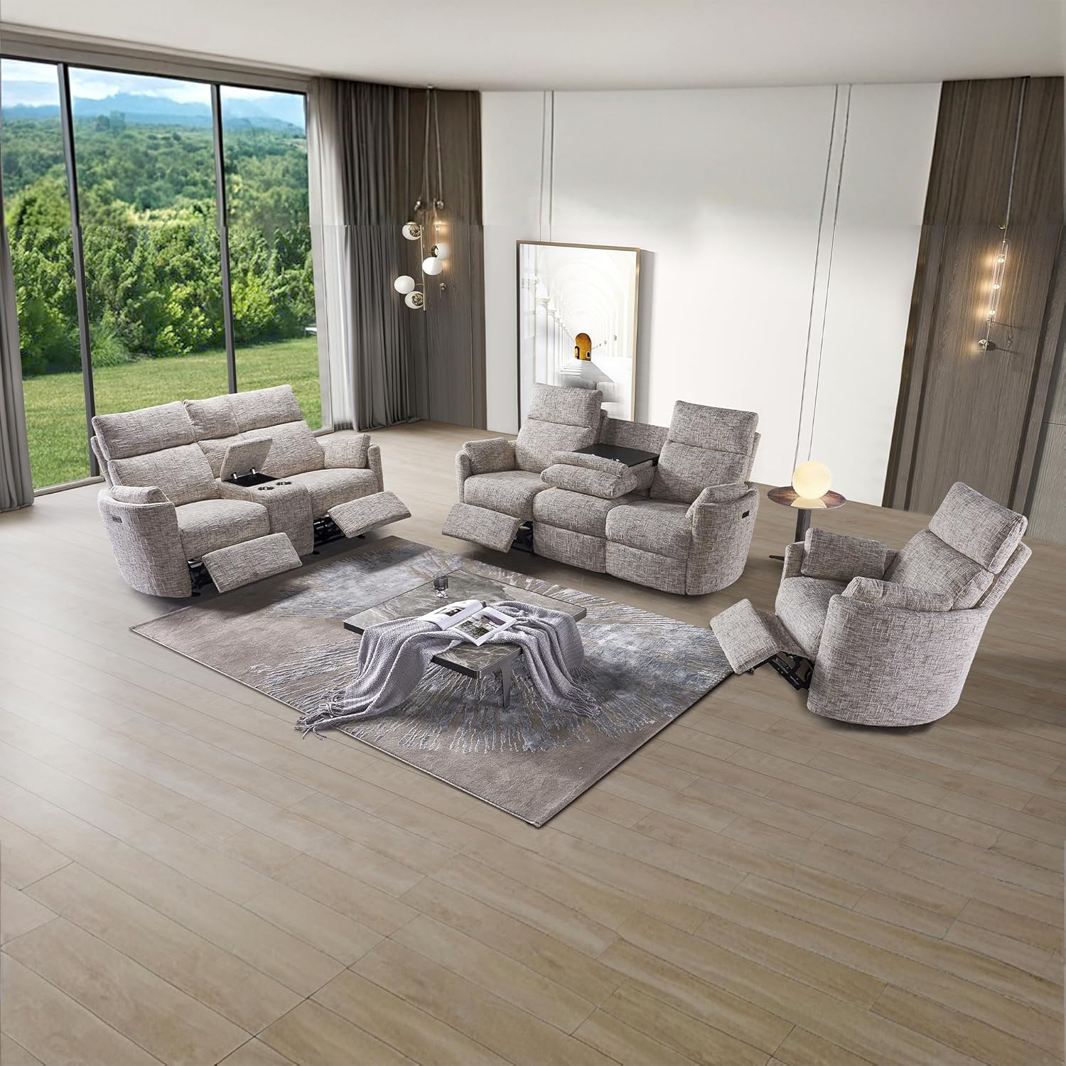 3-Seat Power Recliner Sofa with Adjustable Footrests, 2 Built-in Cup Holders, USB & Type-C Charging Ports, Comfortable Lounge Chair for Living Room & Home Theater (Beige, Sofa)