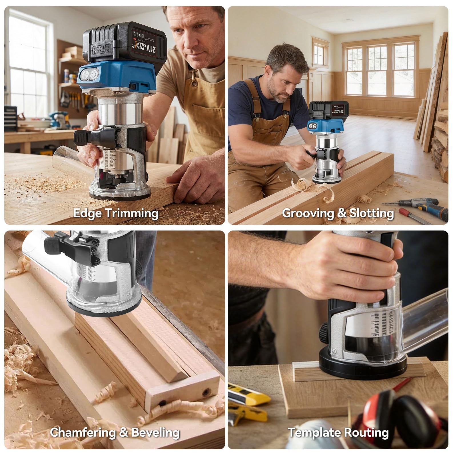 Fresadora de Madera a Batería 21V con 2 x 4.0Ah 30000 tr/min Motor Sin Escobillas Cuerpo de Aluminio, 6 Fresas de 1/4" Puerto de Extracción de Polvo para Carpintería DIY