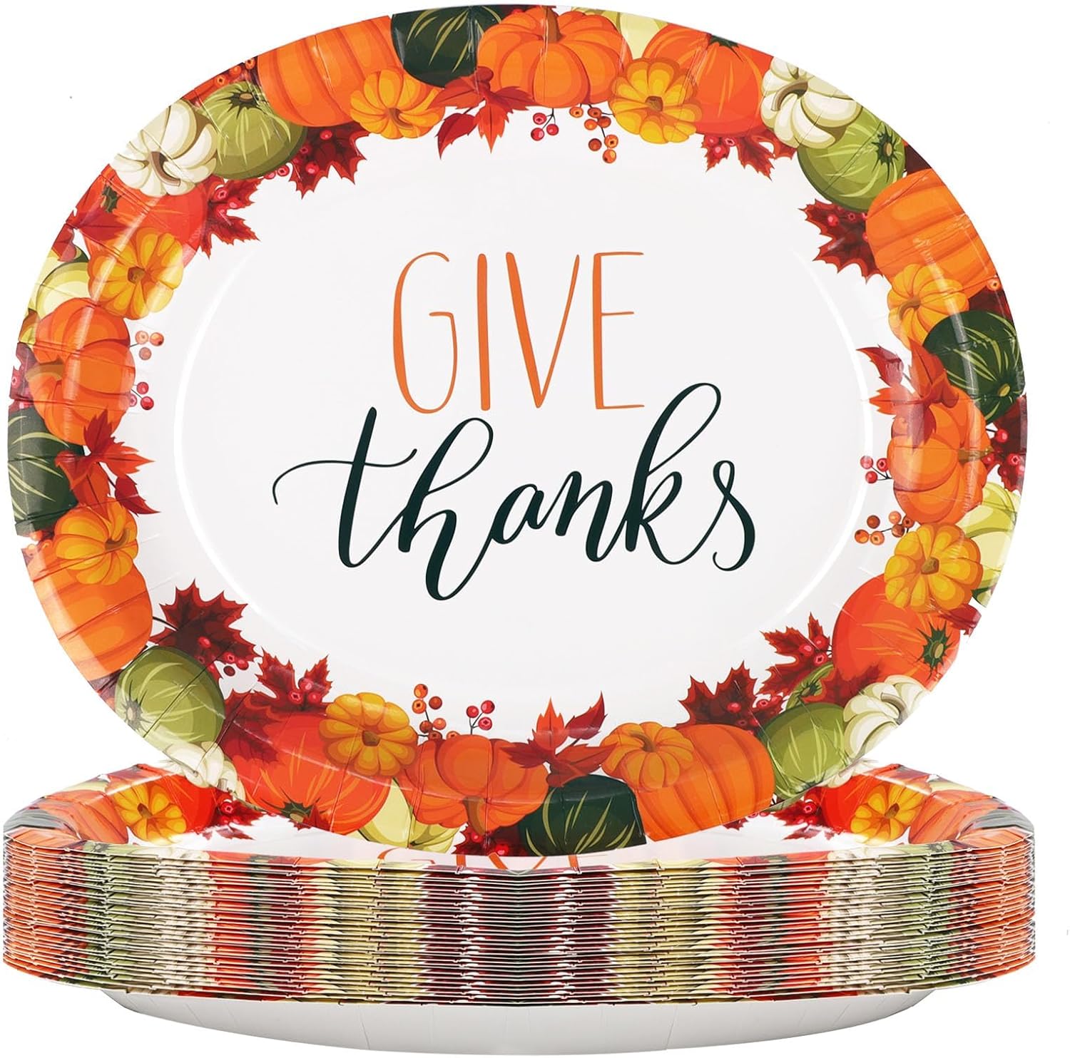 30 Pcs Thanksgiving Oval Paper Plates 12" x 10"Heavy Duty Paper Plates, Large Disposable Dinner Plates Give Thanks Party Platters Thanksgiving Dinnerware Set