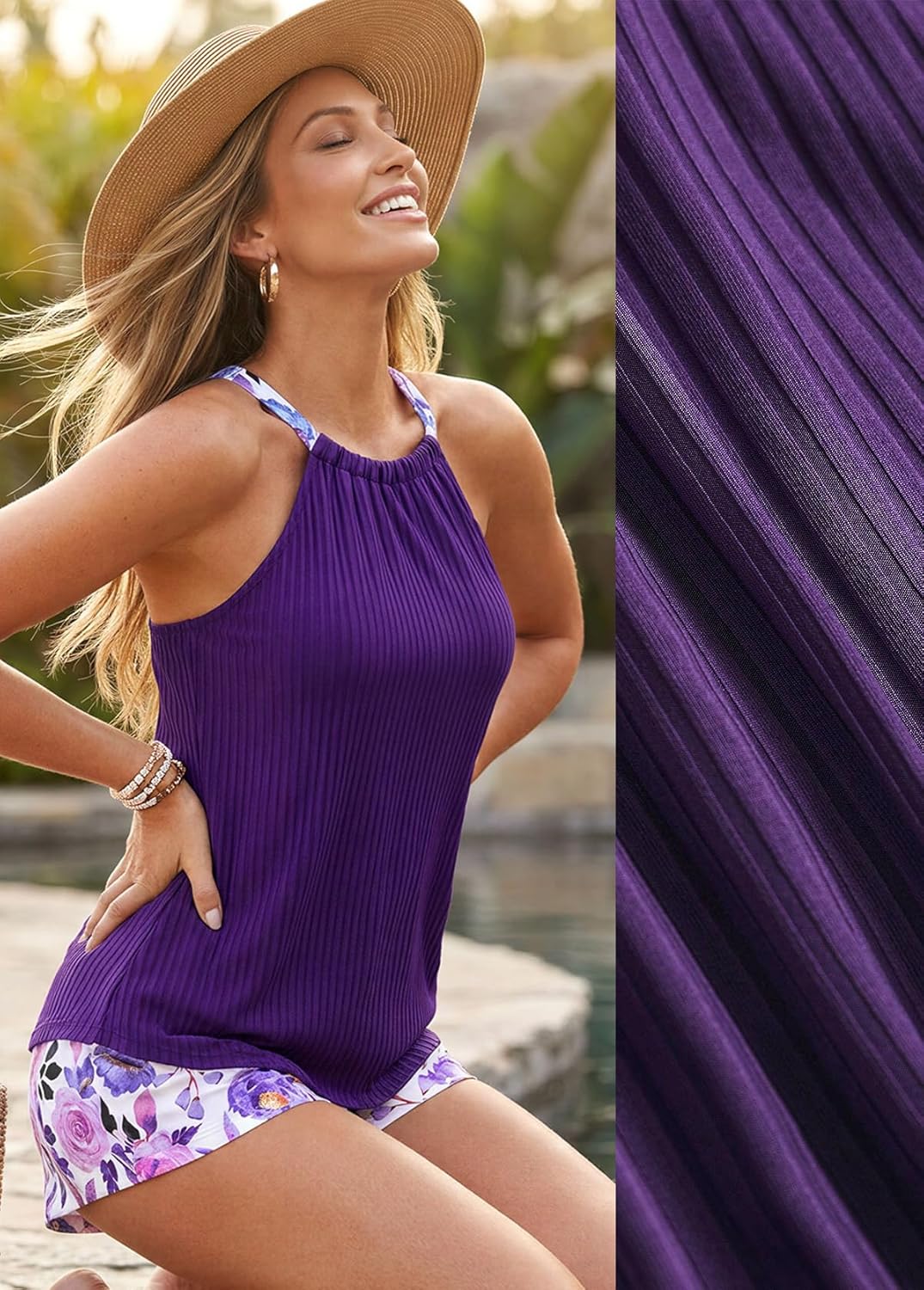 Modlily Ruched Round Neck Womens Tankini Swimsuits with Pocket, Solid Tank Top with Print Board Shorts