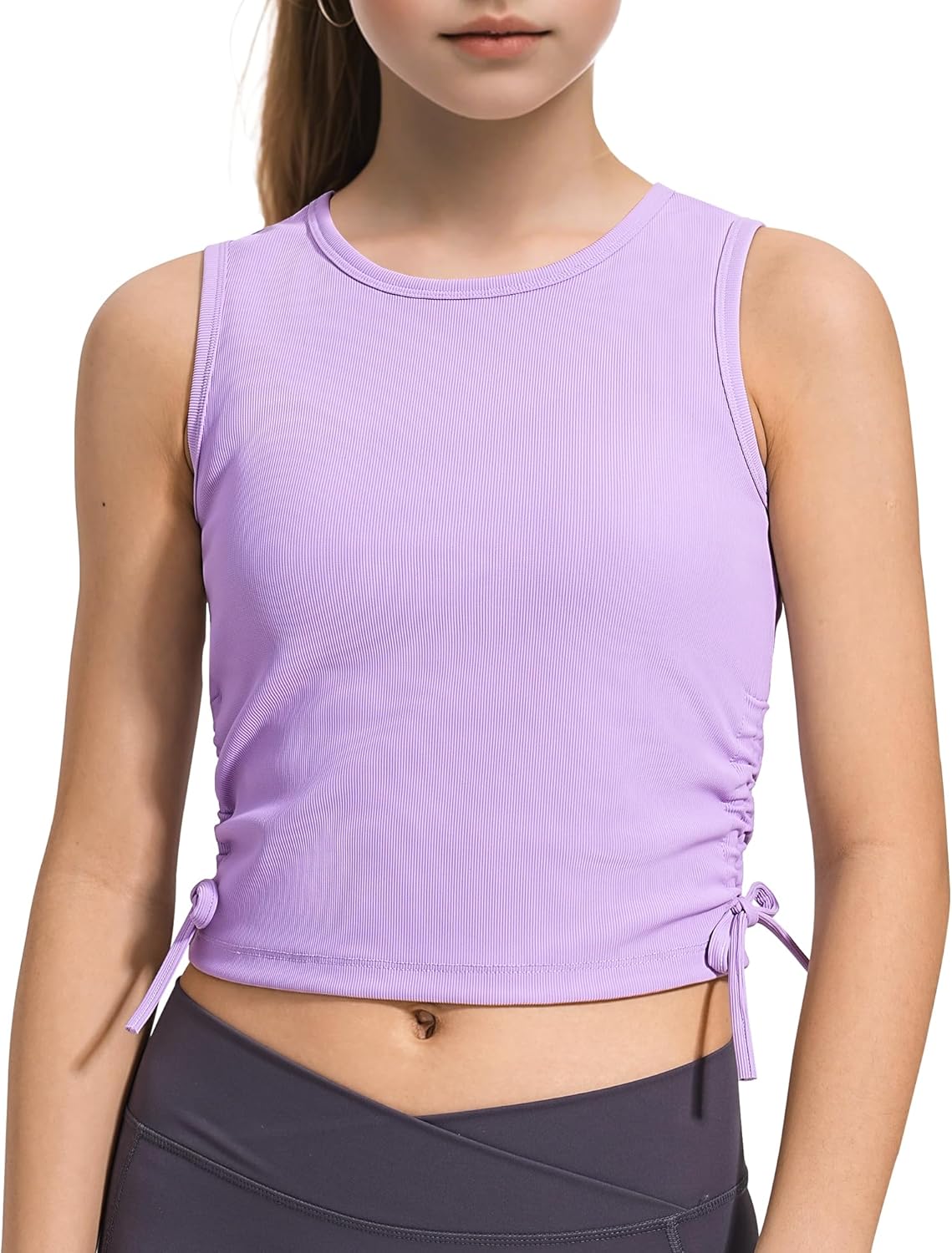 HASMES Girls Tank Tops Ribbed Knit Sleeveless Athletic Crop Tops for Kids Round Neck Dance Tops 5-14Y