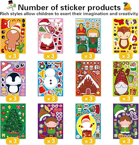 Miniatura 4 de 36 hojas de calcomanías de Navidad para niños pequeños, calcomanías de regalo de Navidad para hacer tus propios personajes de Navidad, calcomanías