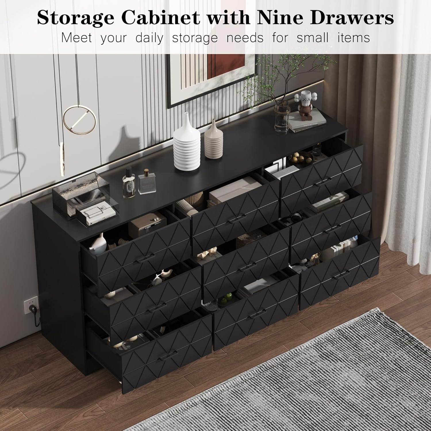 Garvee 9-Drawer Dresser with a baby crawling nearby, highlighting the anti-tilting kit for safety.
