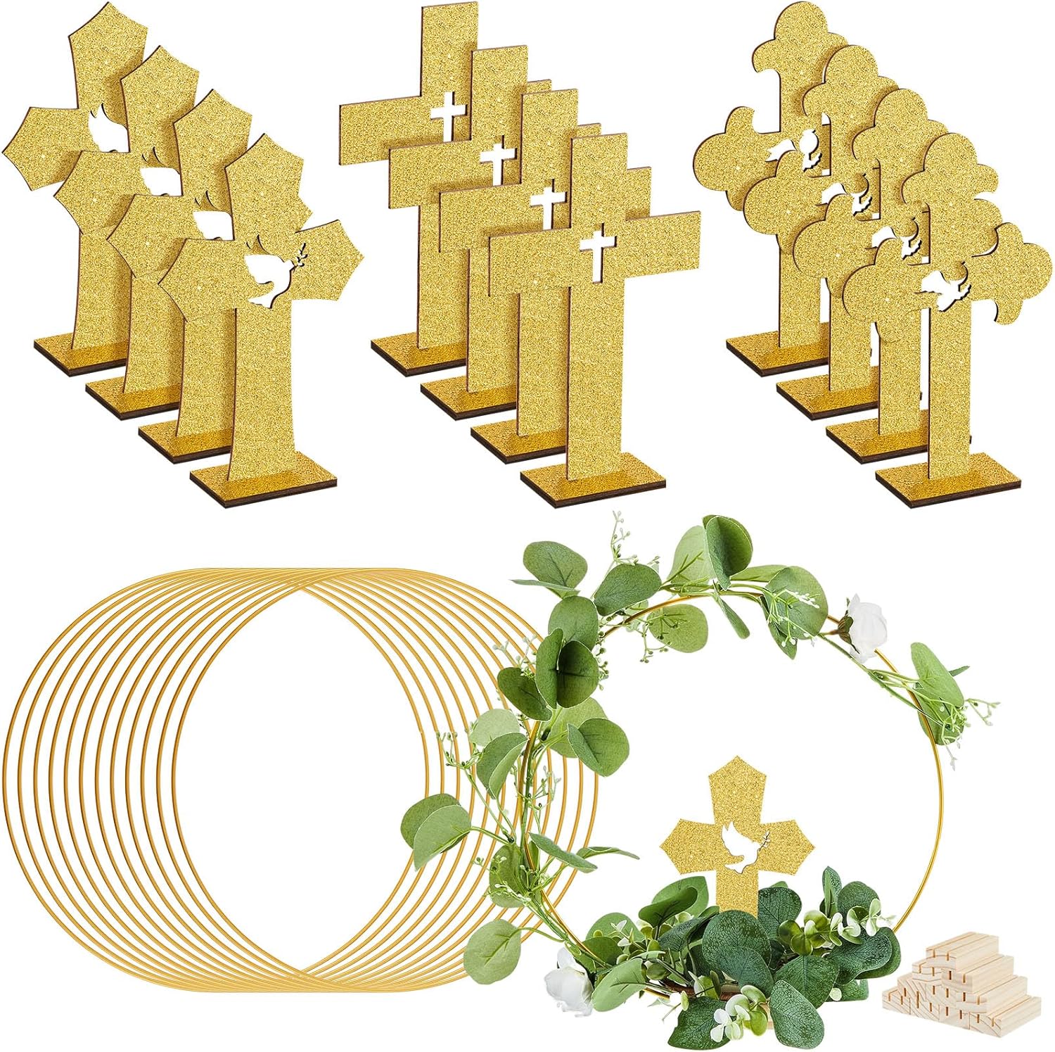 Wesiti 24 Pcs Baptism Centerpieces for Tables 12 Wood Crosses 12 Metal Floral Hoop Centerpiece with Stand Wooden Cross for Baptism Party Wedding Craft(Gold,Classic)