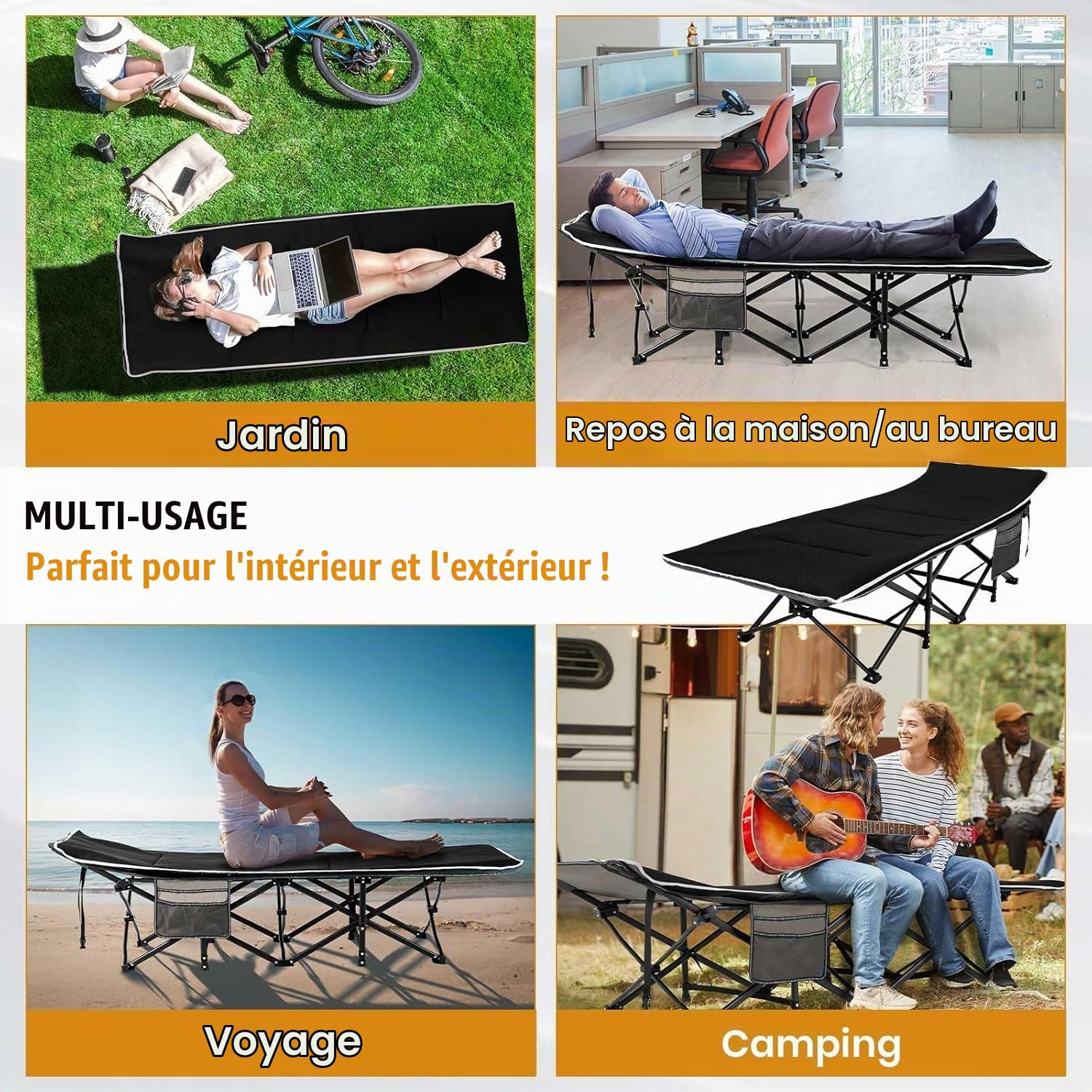 OVERMONT Lit de Camp Pliant avec Matelas - Lit de Camping Pliable 190 x 71 x 36 cm - Supporte 250 kg - Tissu Oxford 2400D avec Poche Latérale - Sac de Transport pour Camping Jardin Bureau - Noir