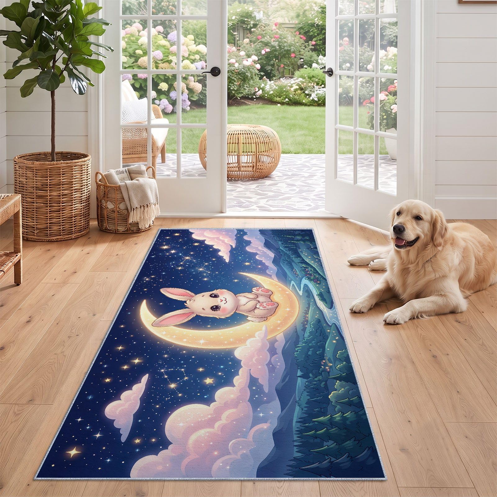 Fantazyjny chodnik z motywem kreskówkowym, dywan do salonu, 60 x 180 cm, chodnik do przedpokoju, królik, księżyc, gwiazda, góra, antypoślizgowy, niebieski, różowy, niski runo, dywan do wnętrz, nadaje
