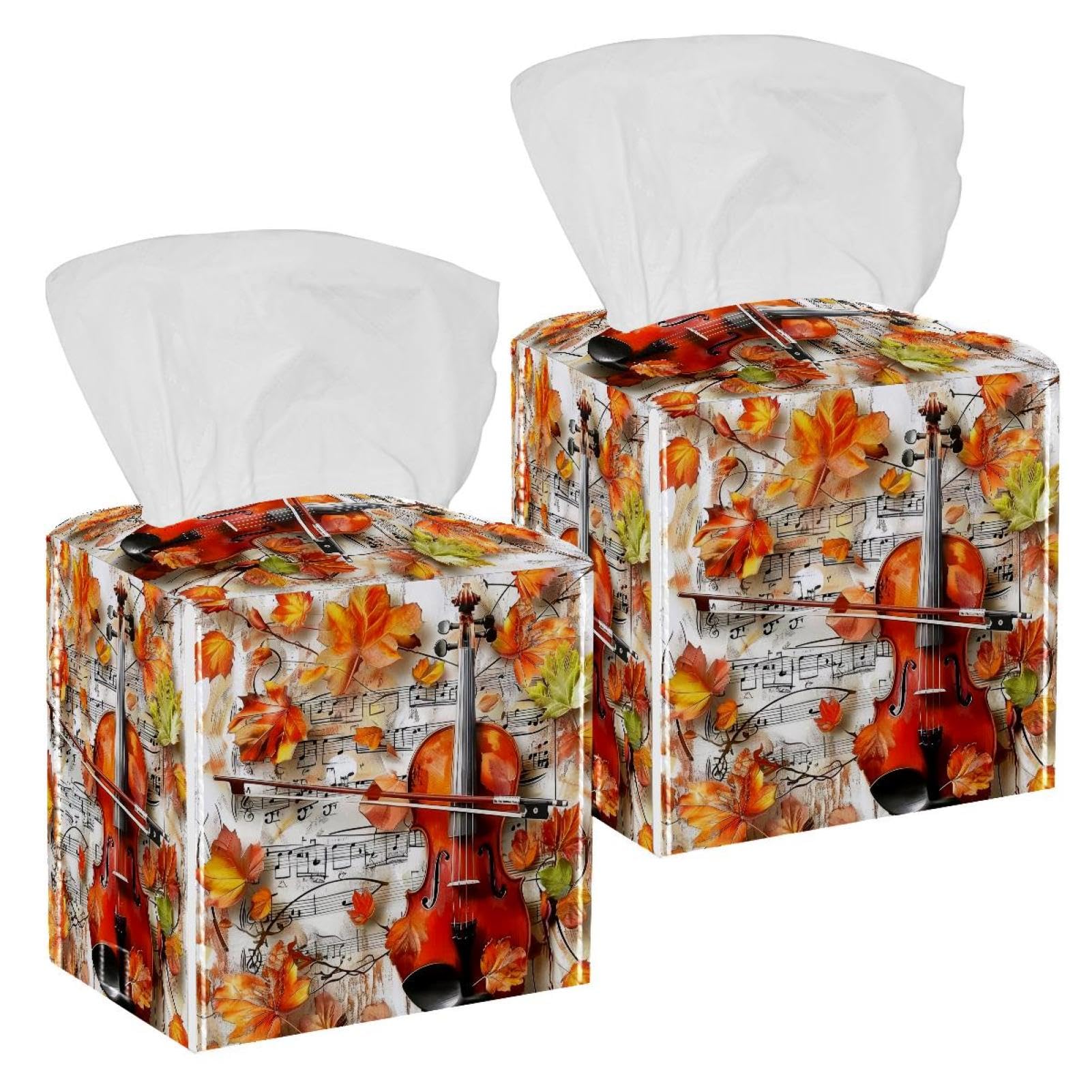 Music Violin Maple Leaves Tissue Box Cover, 2 Pack PU Leather Square Facial Tissue Dispenser Box holder for Home Office Car