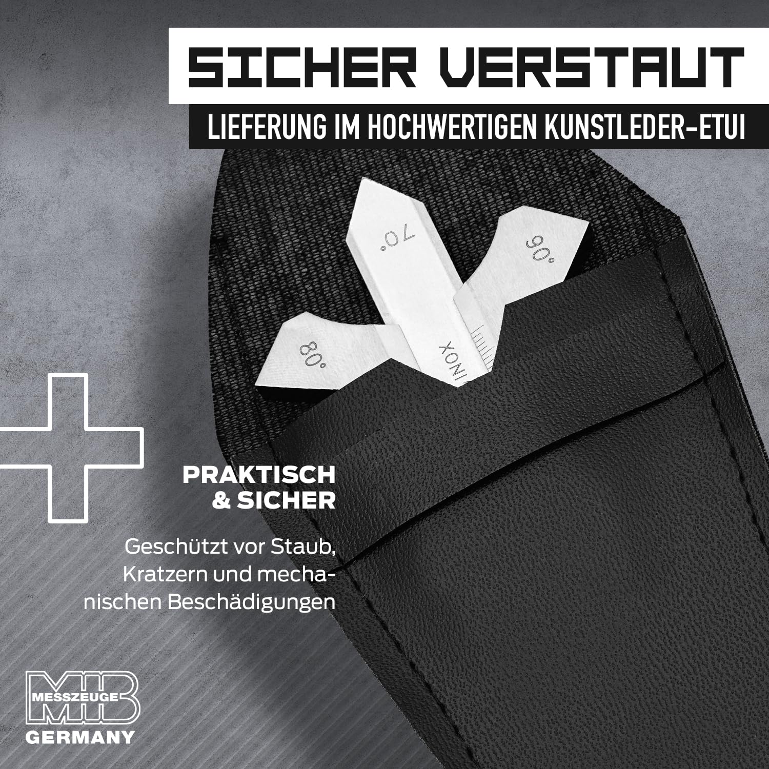 MIB Schweißnahtlehre in Präzisionsausführung, rostfrei & mattverchromt | Messgerät | Messlehre Flachschweißnähte & Ecken | Handwerkzeug | Messbereich 0-20mm | 60°, 70°, 80°, 90° Winkel | inkl. Etui