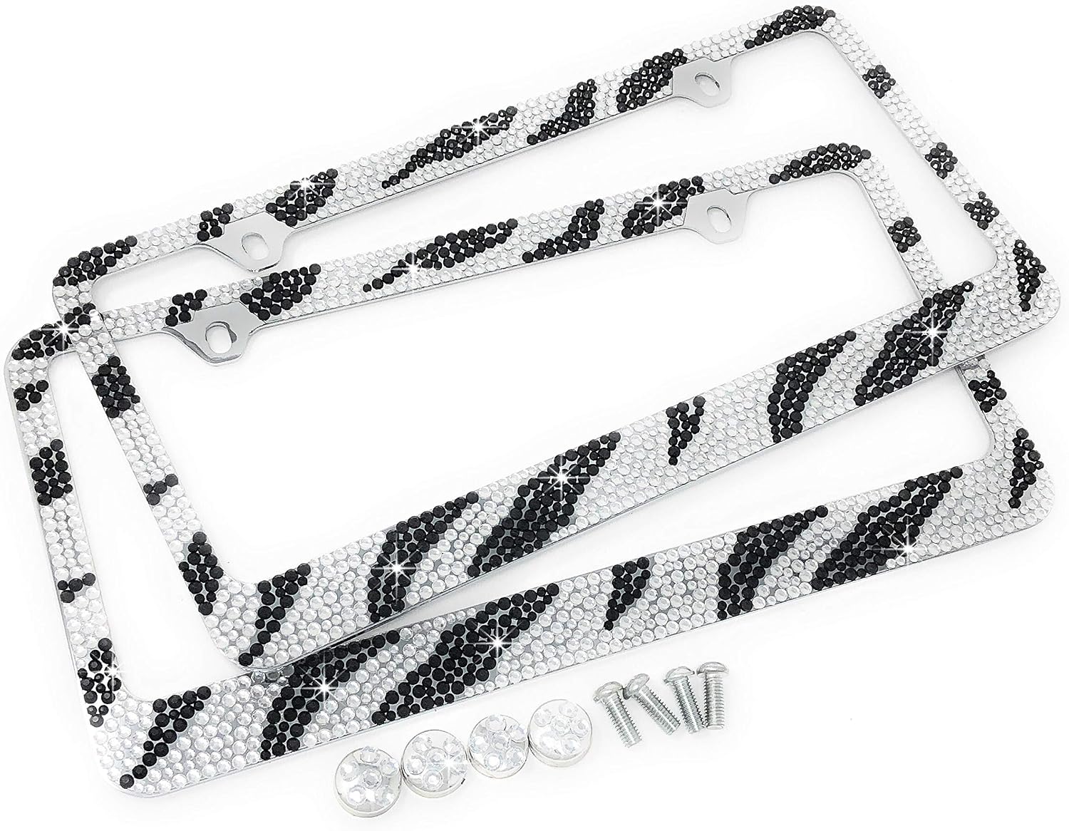 JR2 Premium 2 PCS Shining Crystal License Plate Frame+Free Crystal Cap+Screw (Zebra)