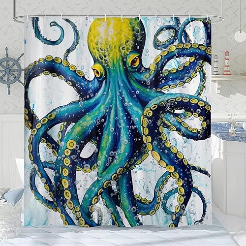 Sanzugh Cortina de ducha de pulpo náutico, divertido juego de cortinas de ducha de tela Kraken de animales del océano azul para niños y hombres,