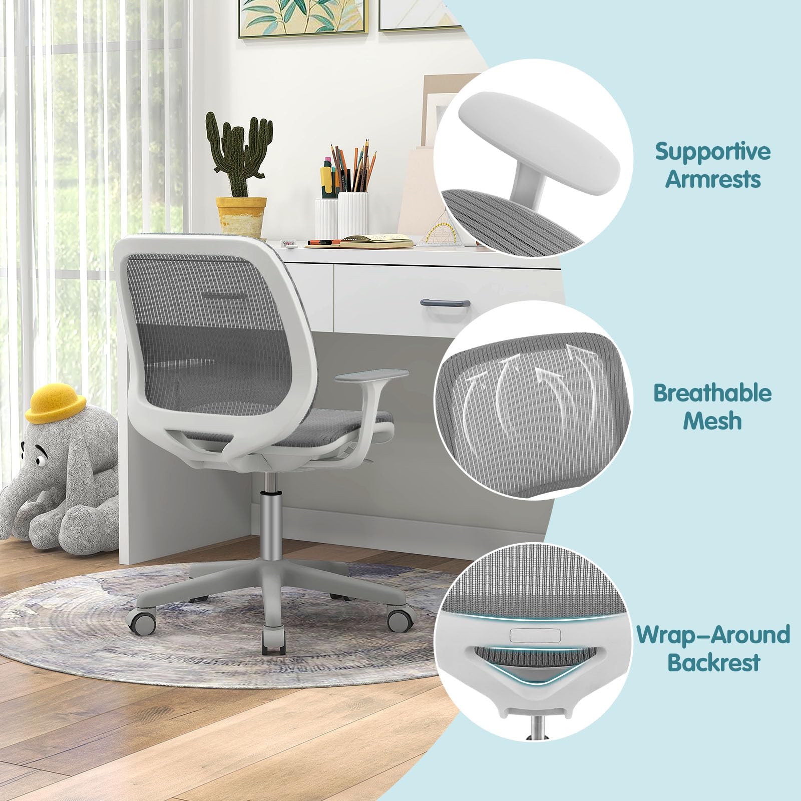 LIFEZEAL Wyściełane krzesło biurkowe dla dzieci, obrotowe krzesło do biurka z regulacją wysokości od 80 do 92 cm, ergonomiczne krzesło dziecięce do nauki, maks. 75 kg (kolor szary)