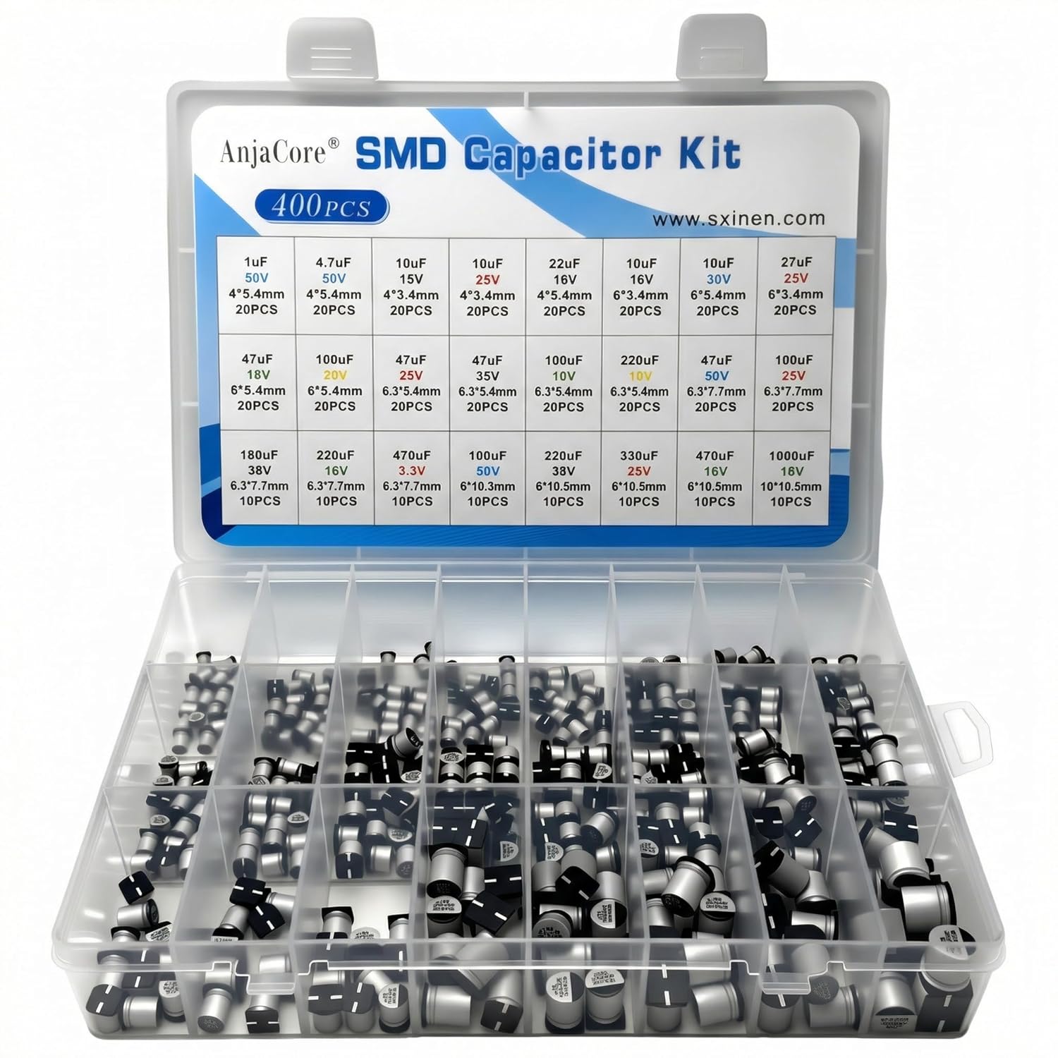 400 Pcs 24 Values 1uF-1000uF SMD Aluminum Electrolytic Capacitor Kit Assortment with Storage Box, ±20% Tolerance, -40℃ to 105℃ for DIY Repair LED Electronic Projects
