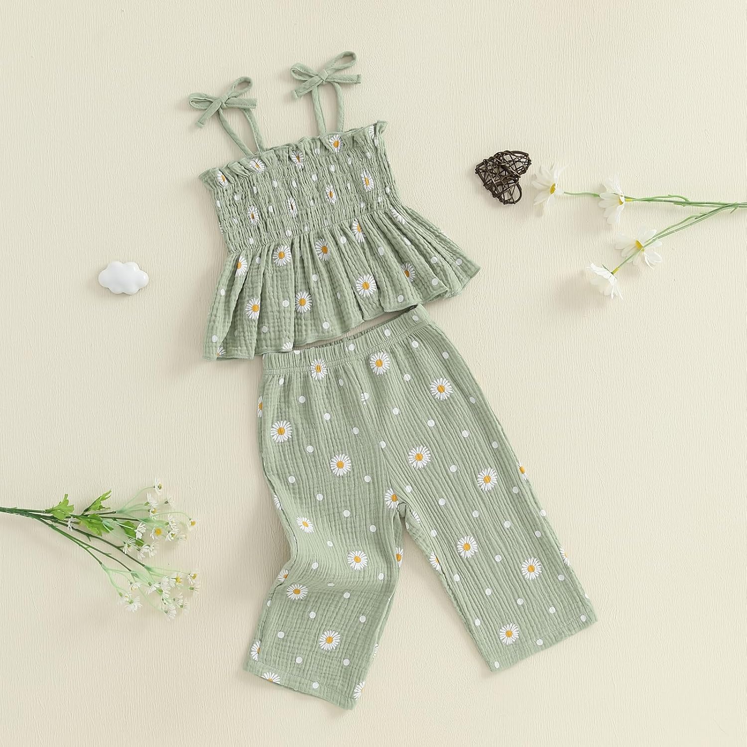 Kaipiclos Toddler Girl Clothes Baby Summer Outfits Daisy Print Sleeveless Smocked Camisole Linen Pants 12 18 24 Month 3T 4T - Image 4