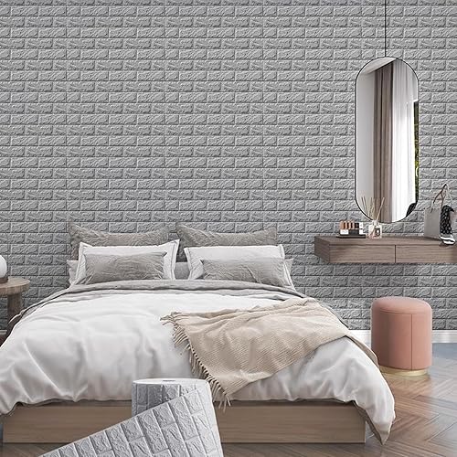 Miniatura 7 de SOVORM Paneles de pared de ladrillo de 32.8 ft, papel tapiz de espuma 3D blanco para despegar y pegar para dormitorio, sala de estar y decoración de
