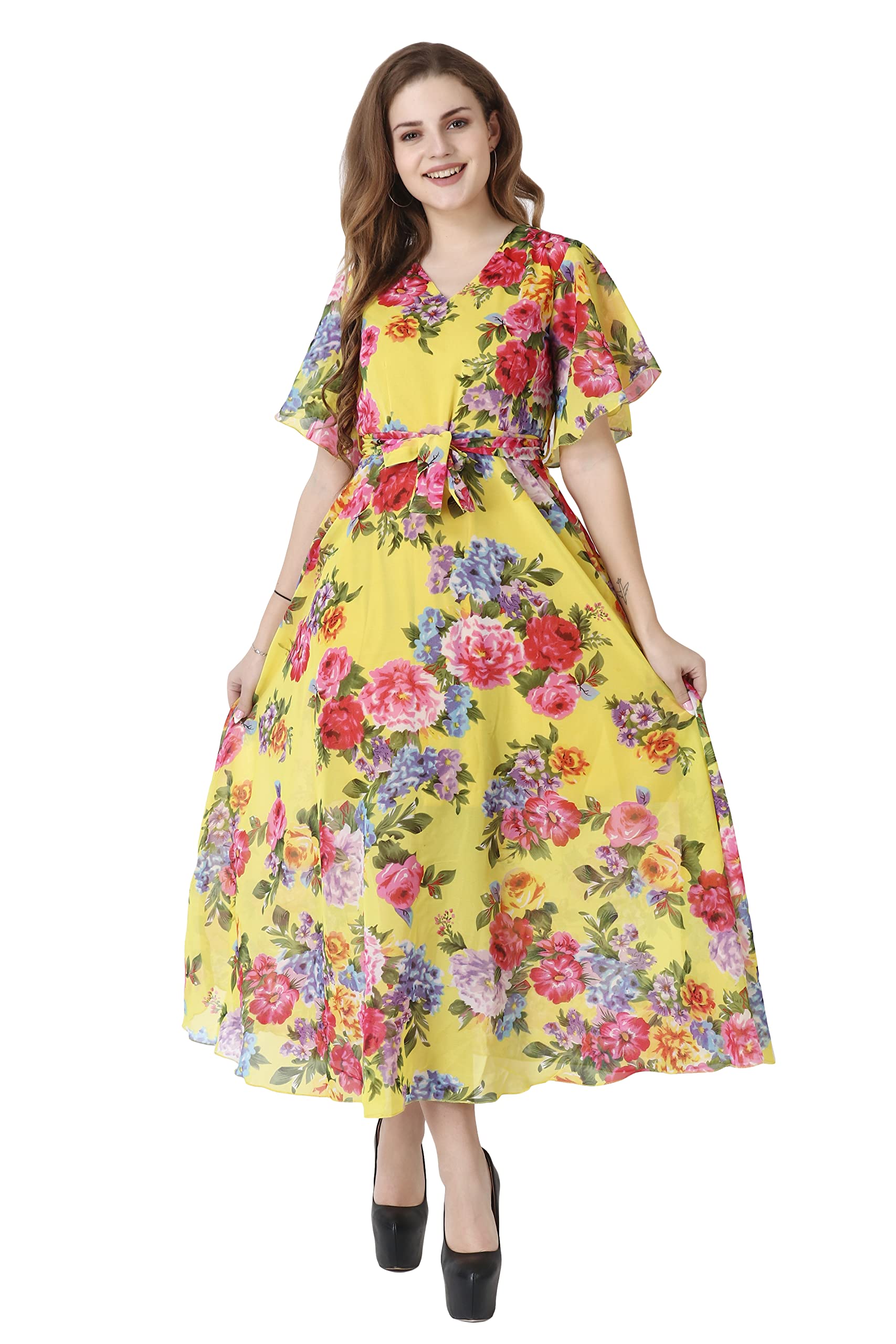 PRATYUSHAWomen|Girls Georgette Prints Long V-Neck Maxi Dress