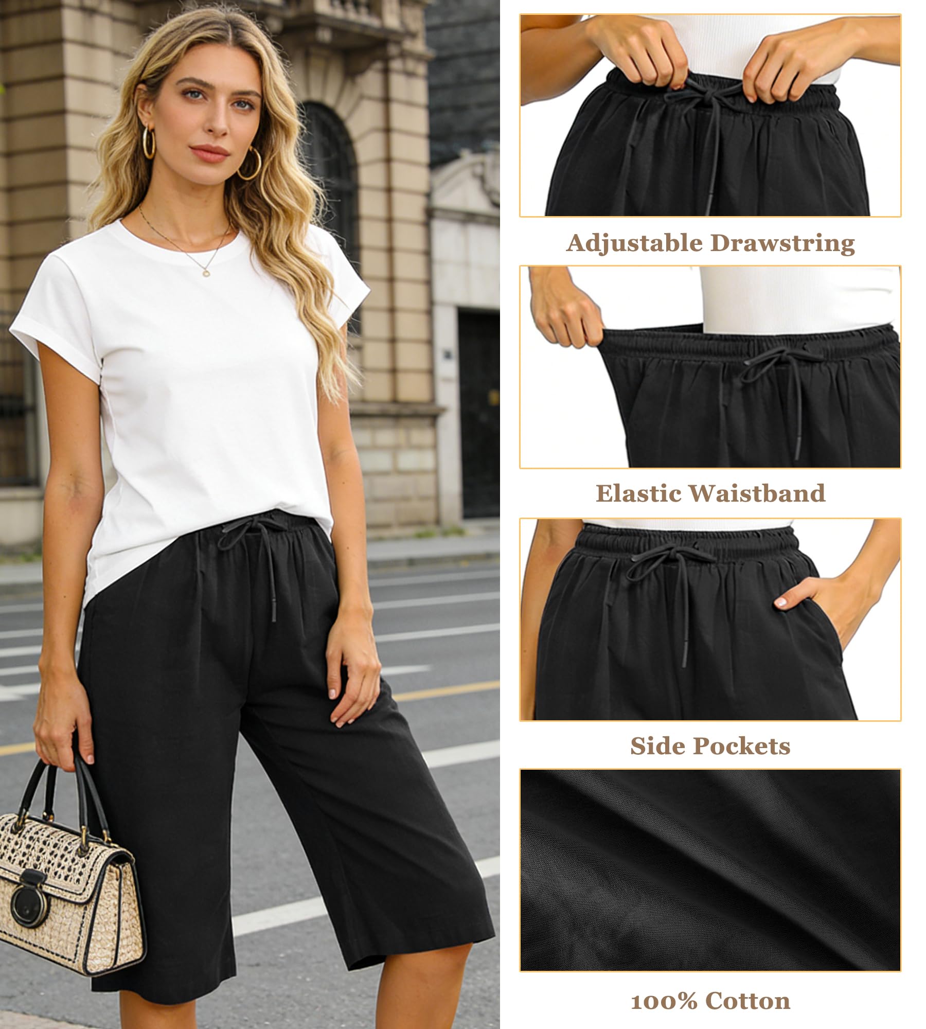 Pantalones Cortos Mujer Algodon Pantalón Corto Verano Cintura Alta Shorts Mujer Casual Bermudas Largo hasta la Rodilla con Bolsillos y Cordón
