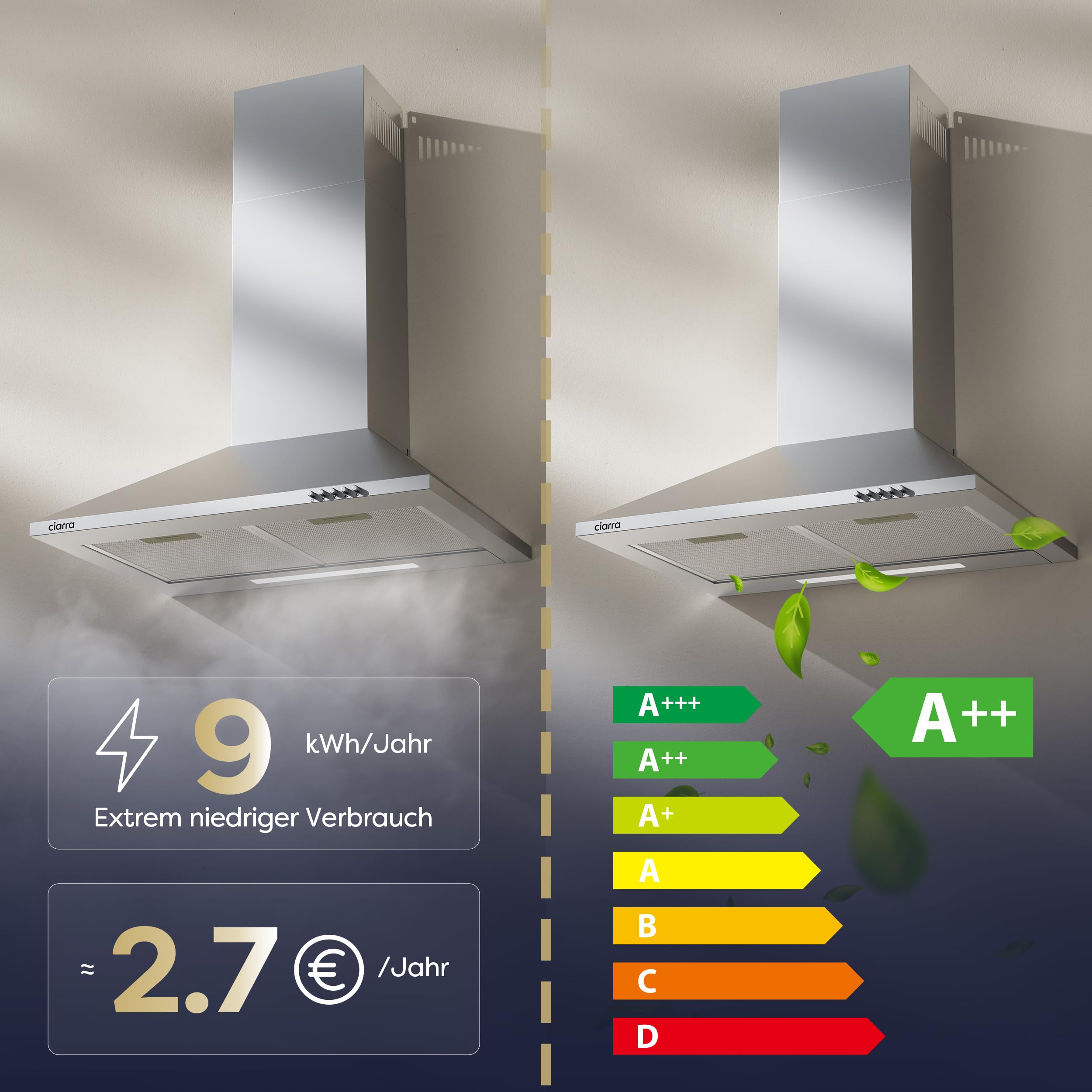 CIARRA CBCS6201 A++ Dunstabzugshaube 60 cm Edelstahl Pyramide Umluft Abluft 404 m³/h 60 dB 3 Leistungsstufen inkl. Aktivkohlefilter Fettfilter