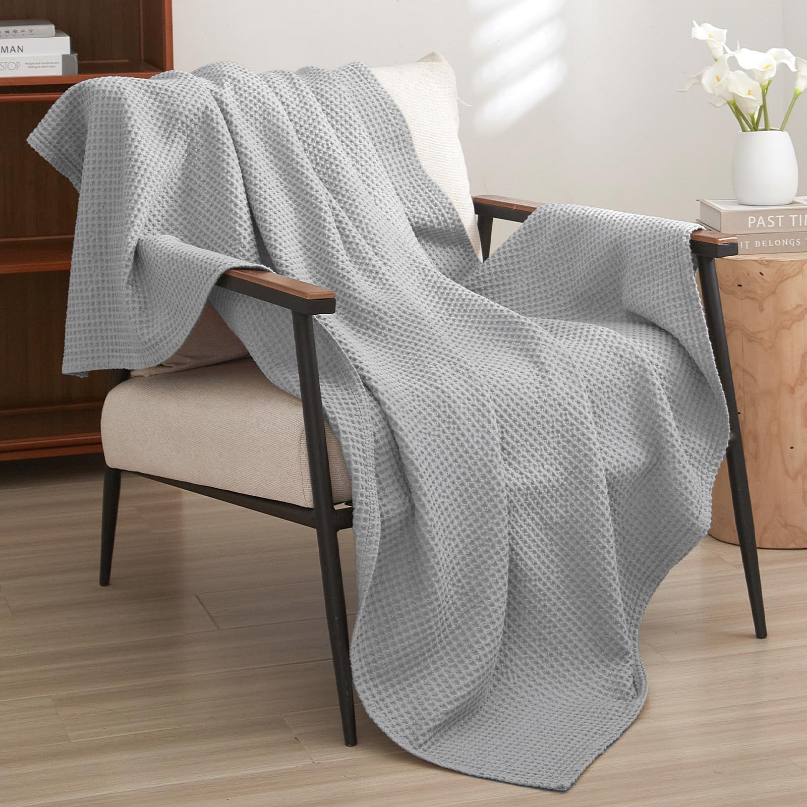PHF 100% Cotton Waffle Weave Throw Blanket，Pre-Washed Snag Proof Lightweight Breathable Moisture-Wicking for Layering in Cold Weather for Couch Bed,Machine Washable,Home Decor Gift-Light Grey