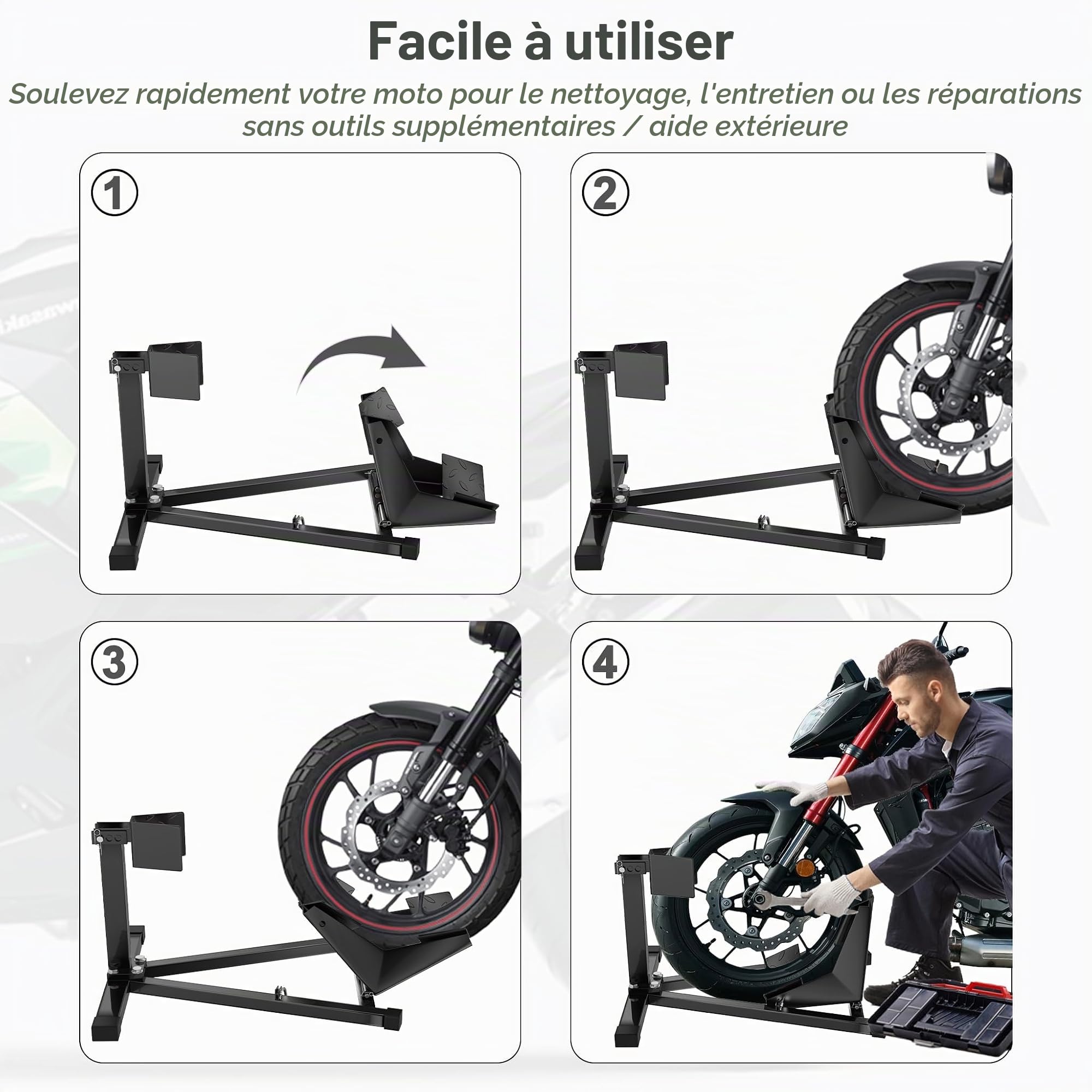 UISEBRT Support de roue avant pour moto en acier - Pied de montage adapté aux pneus de 17" à 21" et de 90 à 130 mm de largeur - avec pieds en caoutchouc antidérapants, Dimensions : 620x460x410 mm