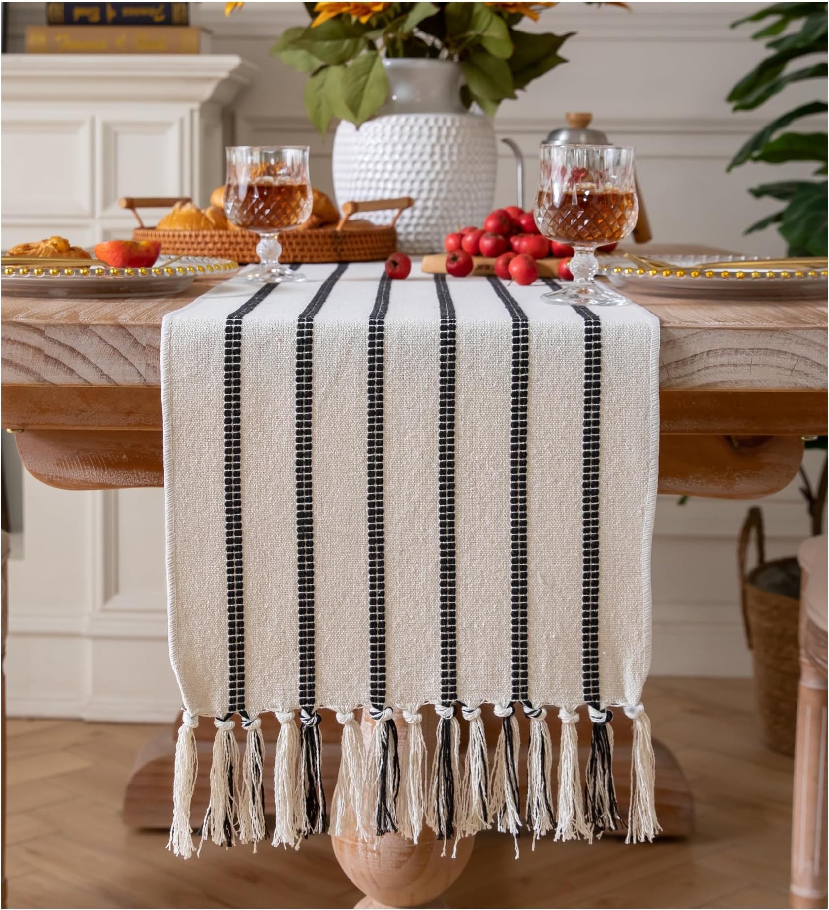 Boho Table Runner 60 Inchs Long Black and Beige, Cotton and Linen Woven with Tassels, for Modern Rustic Farmhouse Neutral Table Runners, Bohemian Kitchen Dining Table Home Decor