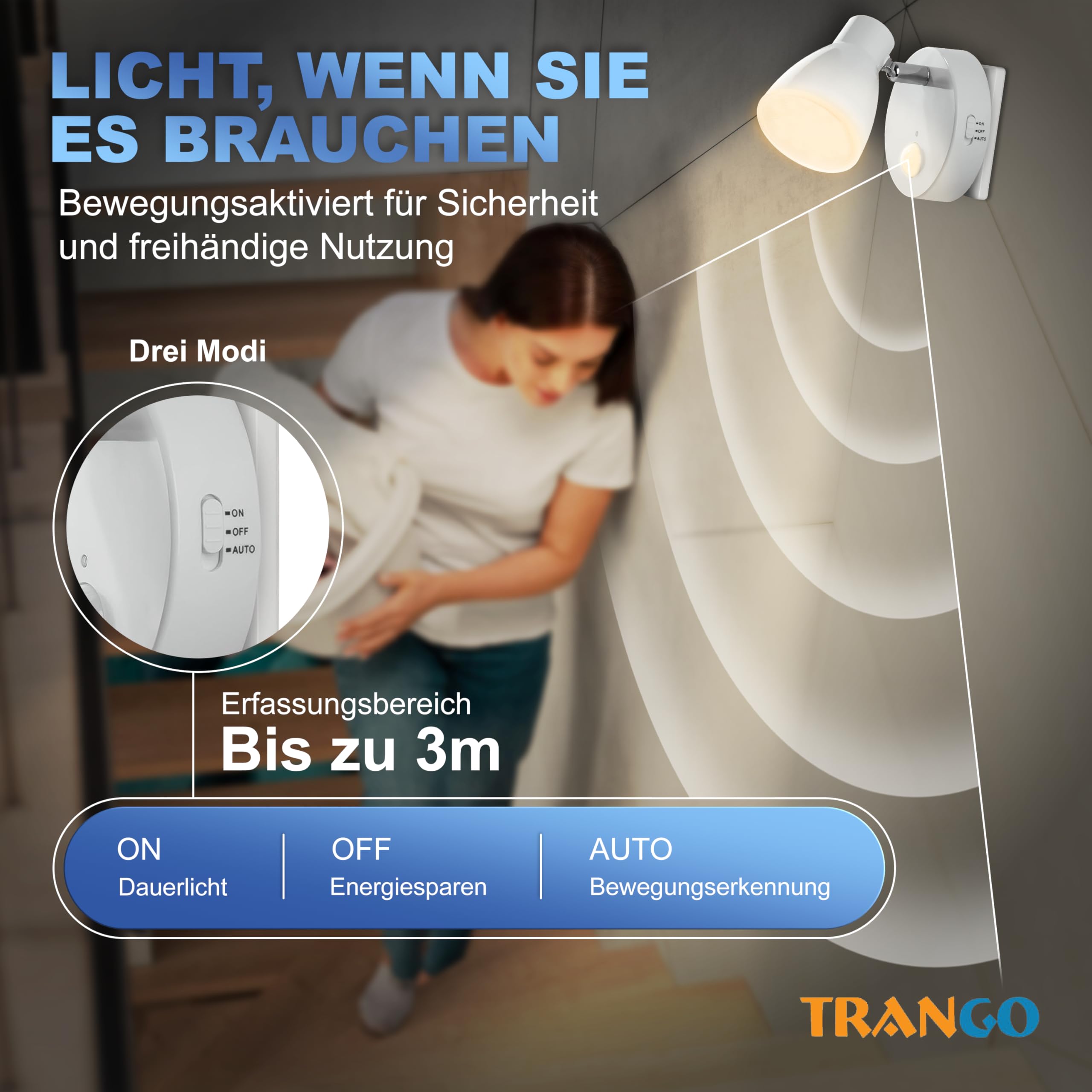 Trango set di 2 Luce notturna a LED TG2635-026 in bianco con funzione automatica 230V con sensore di movimento, luce di sicurezza, lampada a zoccolo, lampada a parete notturna, luce di orientamento