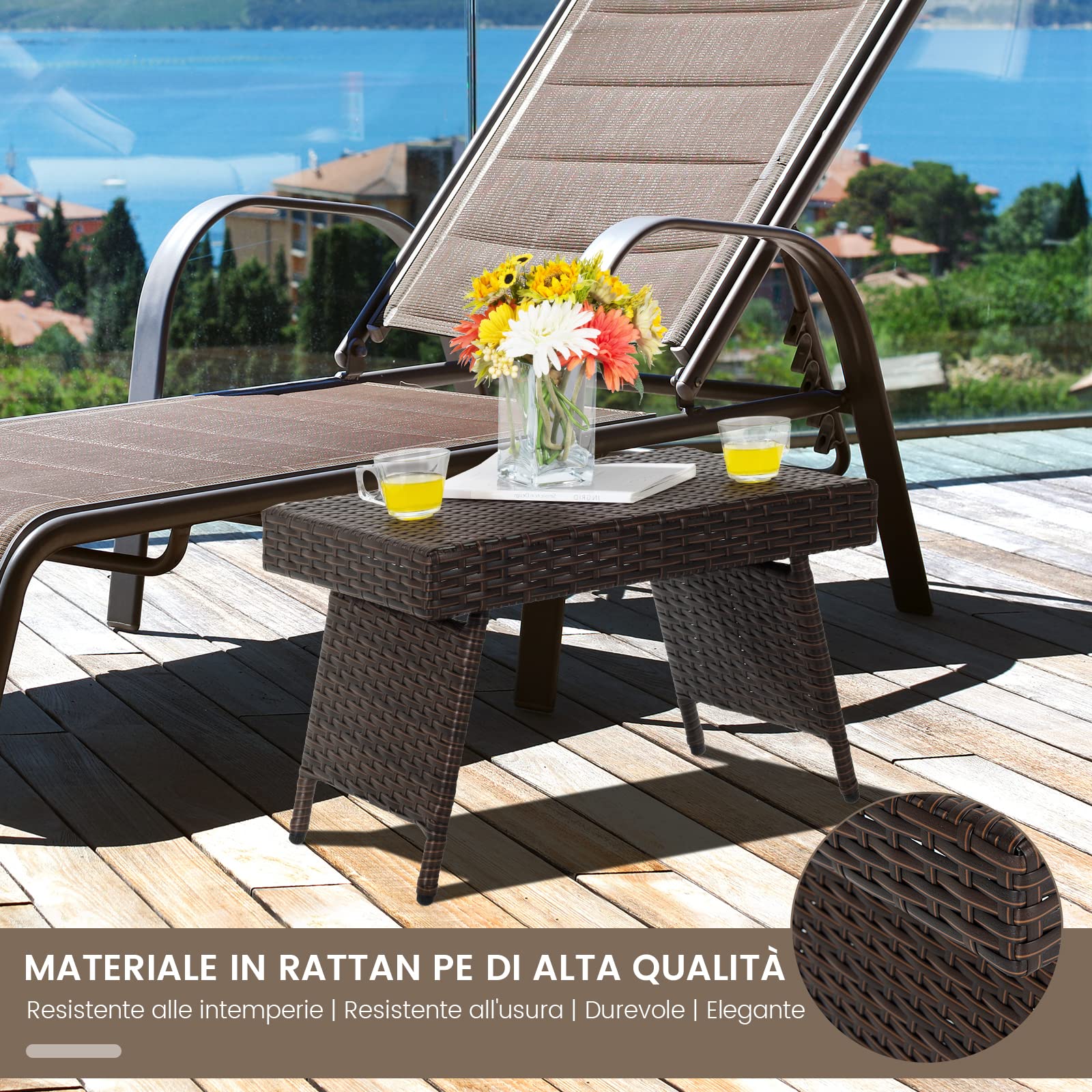 GYMAX Tavolino da Esterno in Rattan, Tavolino Basso e Pieghevole, Tavolino da Caffè Richiudibile, Moderno e Elegante, Ideale per Balcone, Giardino e Cortile, 60 x 40 x 40 cm, Marrone