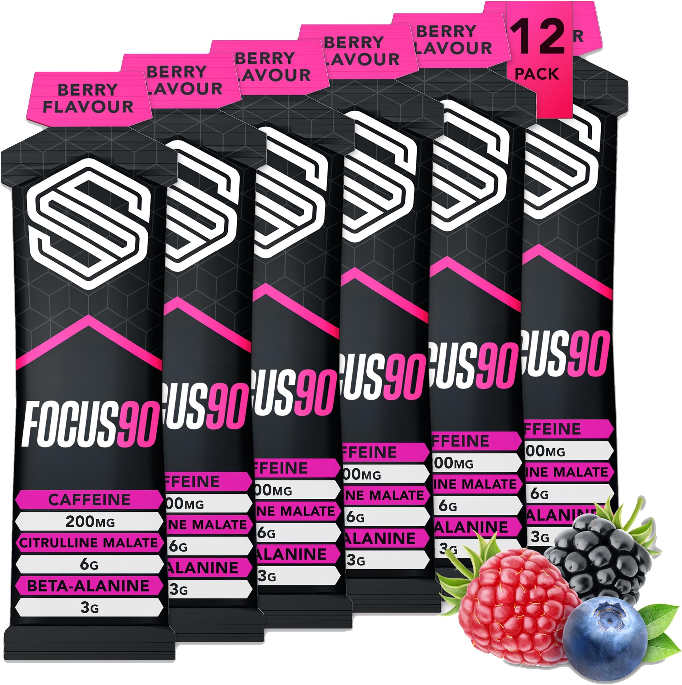 FOCUS90® Caffeine Energy Gel - by Soccer Supplement - 200mg Caffeine Per Serving, Quick Release Energy Gel Designed to Enhance Performance, 12x 70g Gels, Informed Sport Tested (Mixed Berry)