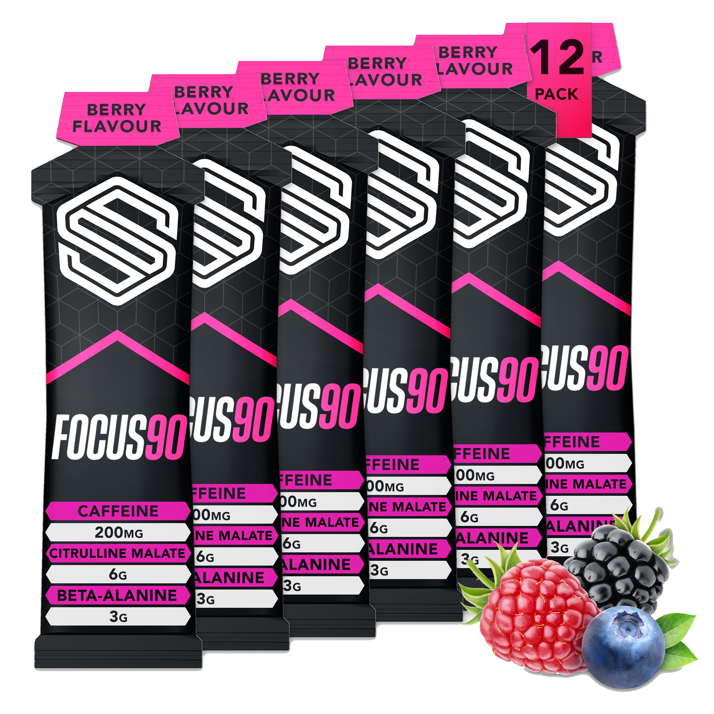 SOCCER SUPPLEMENTFocus90 Caffeine Energy Gels (12 Pack), Quick Release Pre Workout & Running Gels with Beta Alanine & Citrulline Malate, Mixed Berry Flavour