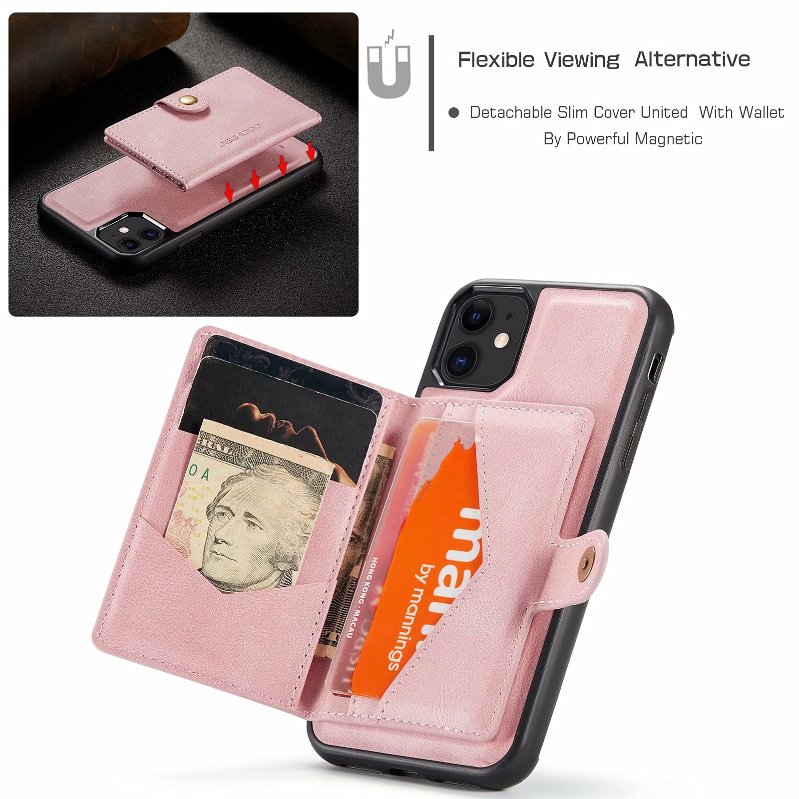 Njjex Custodia A Portafoglio Per IPhone 11 (6,1") - 9 Slot Carte, Pelle PU, Supporto Magnetico, Cordino, Oro Rosa