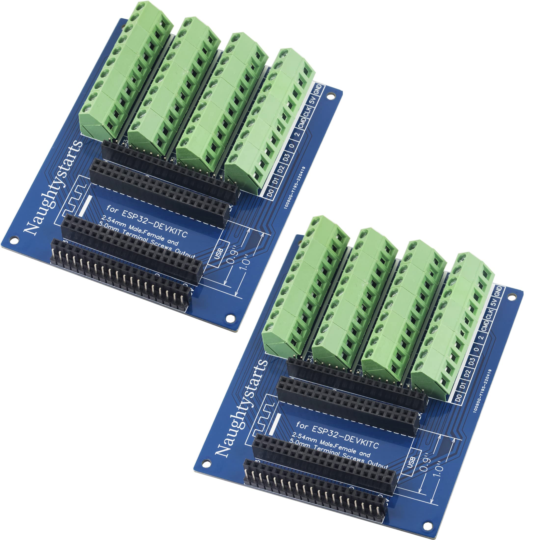 ESP32 GPIO Breakout Board with 3 Type Input Way Terminal Screw and Male Female pins (38Pins 5.0mm / 0.2" Terminal 2pcs)