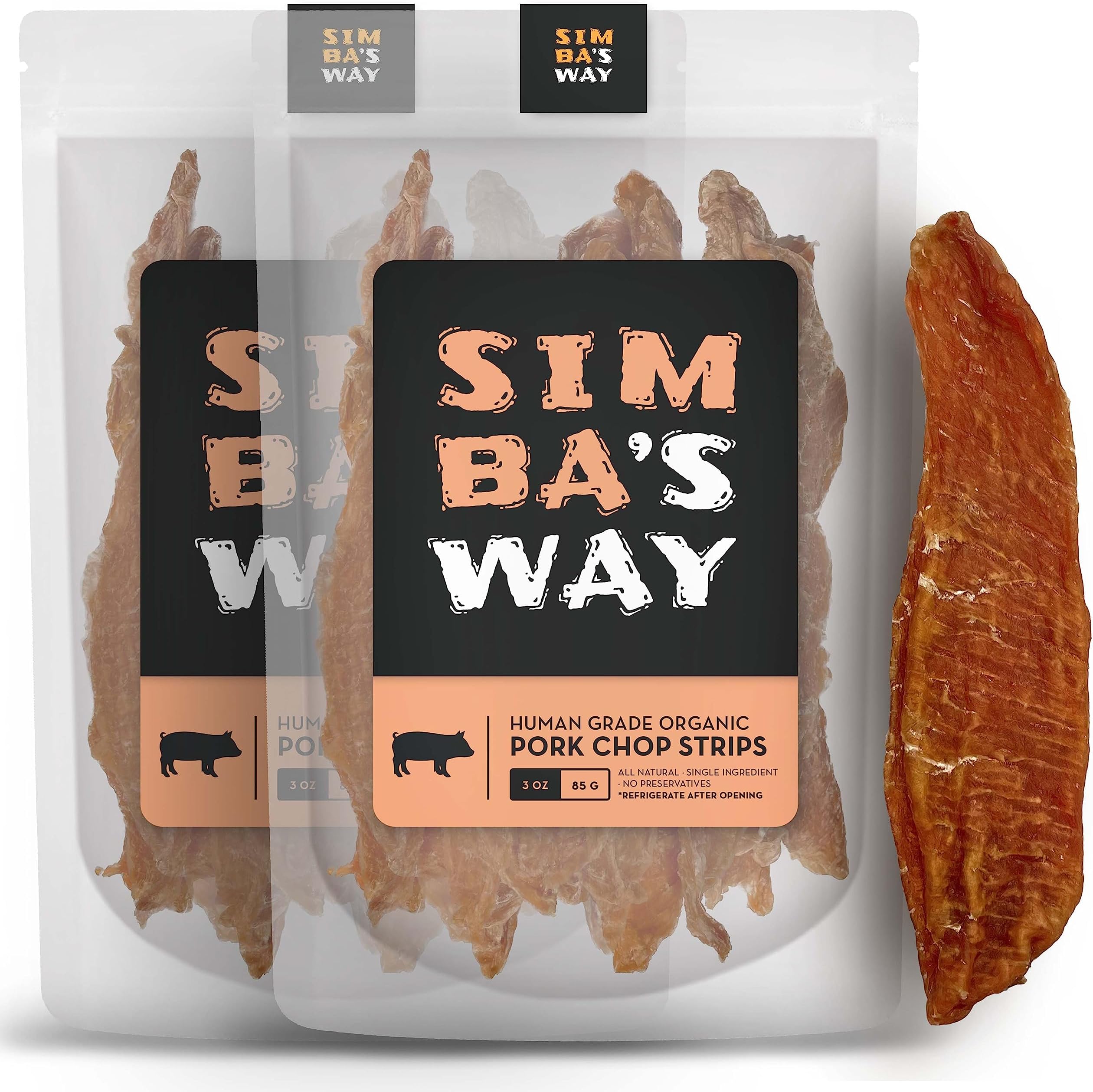 -Slow Roasted- Pork CHOP Strips Dog Treats and Cat Treats, Organic Human Grade, Single Ingredient, Grain-Free, All Natural, No Preservatives, Made in The USA. [3 .oz] [2 PK]