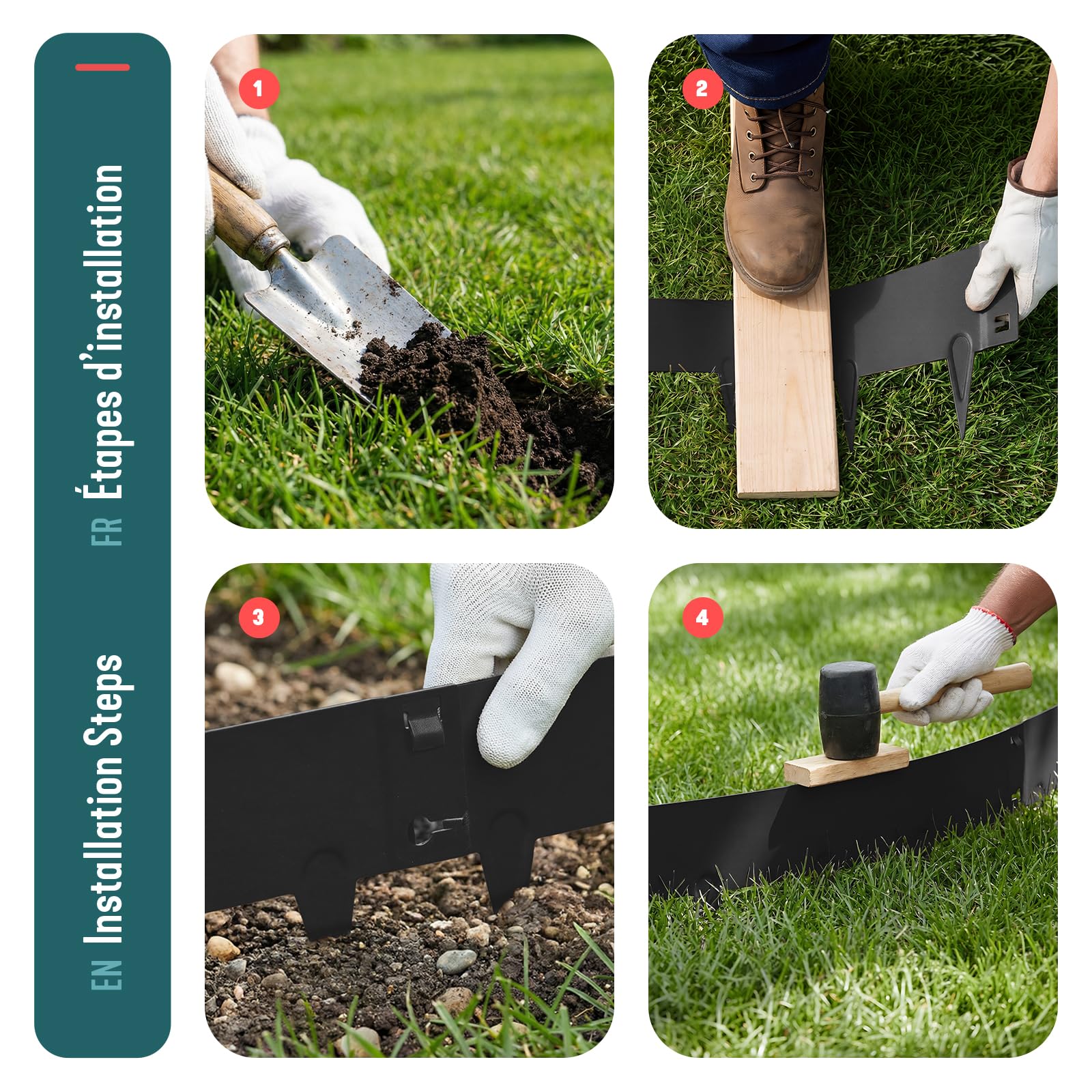 VOUNOT® Rasenkante verzinkt Metall 5m, Robuste Beeteinfassung Beetumrandung Mähkante 106×18 cm, 1,5 mm dick, Steckzaun für Blumenbeete & Garten, 5 Stück, Schwarz