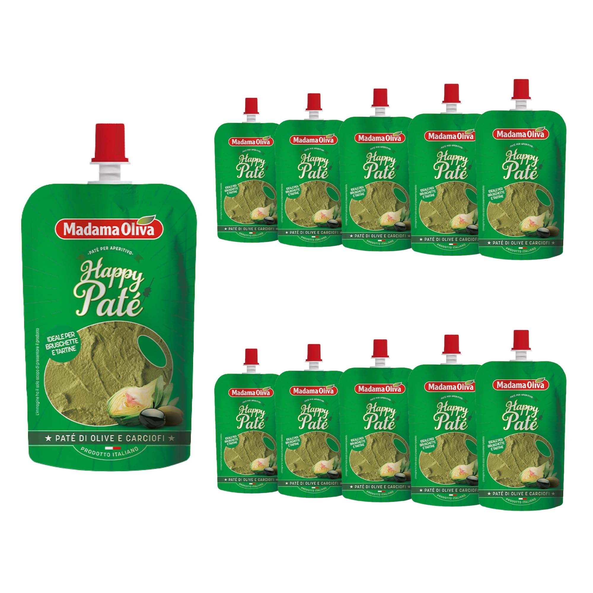 MADAMA OLIVA, Paté di Olive e Carciofi, Ottimo da Spalmare su Crostini Caldi, per Accompagnare Aperitivi e Farcire Bruschette, 100% Made in Italy, 10 Buste Squeeze 110 gr