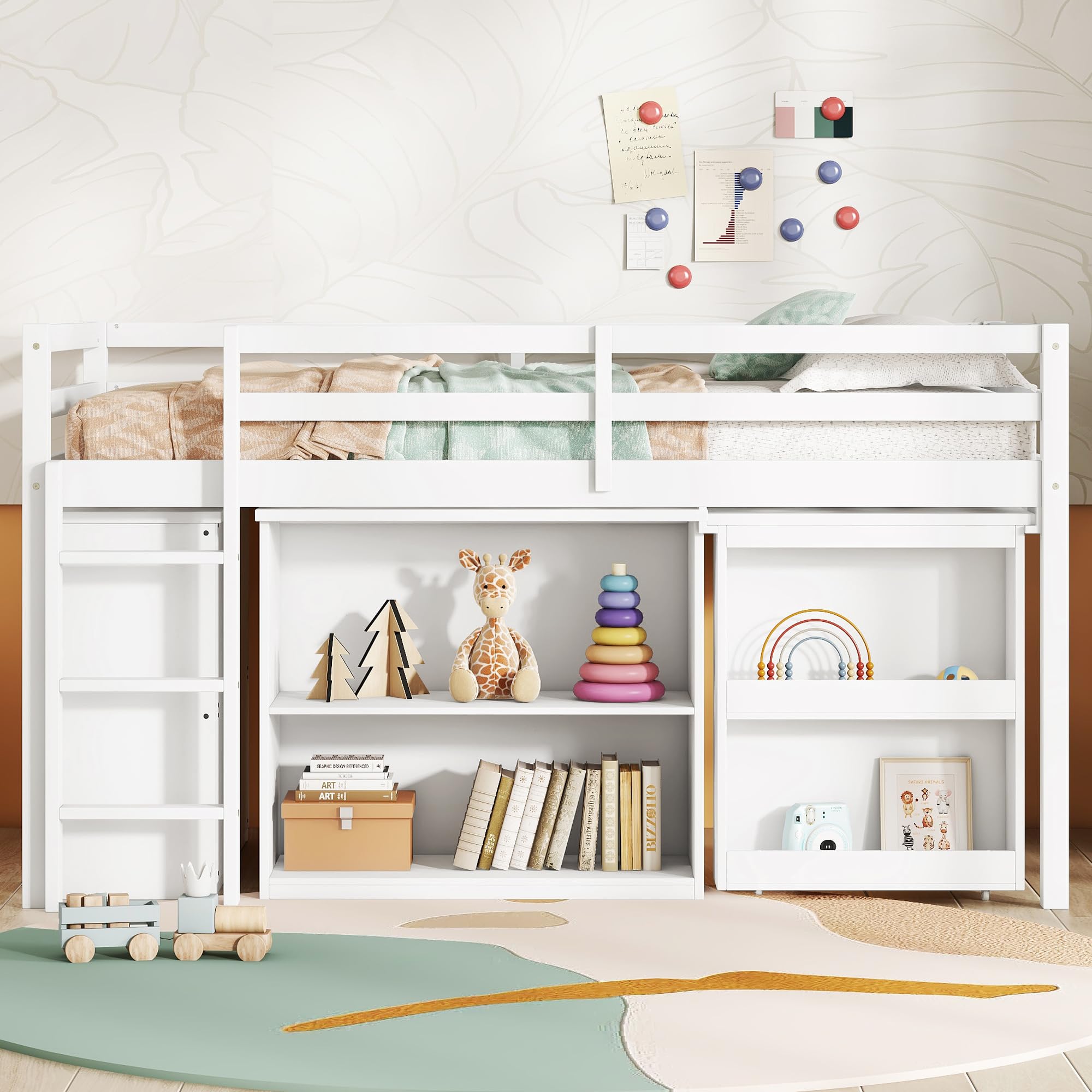 Space-Saving Twin Loft Bed – Pull-Out Desk, 3 Drawers + 2-Shelf, Rubber Wood, Guardrail, White Kids Bed