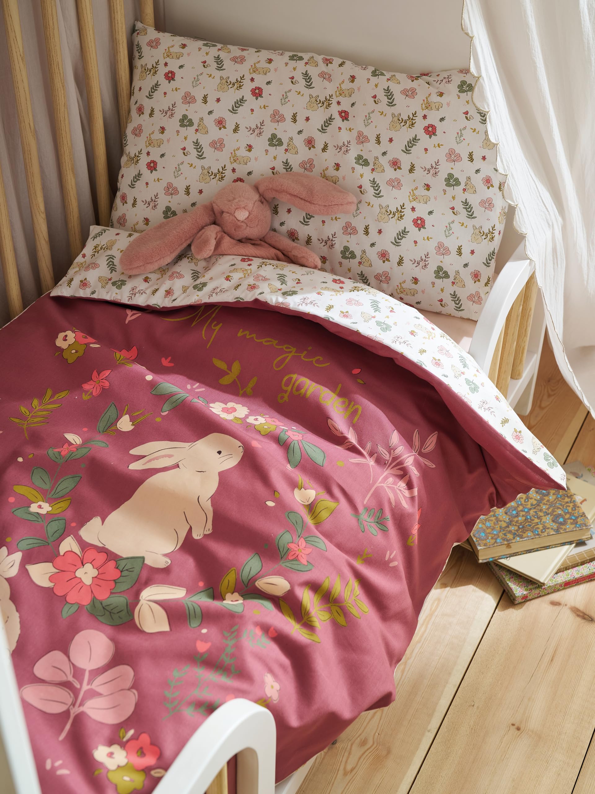VERTBAUDET Parure bébé Housse de Couette + taie d'oreiller Lapin ENCHANTÉ Vieux Rose 100X140