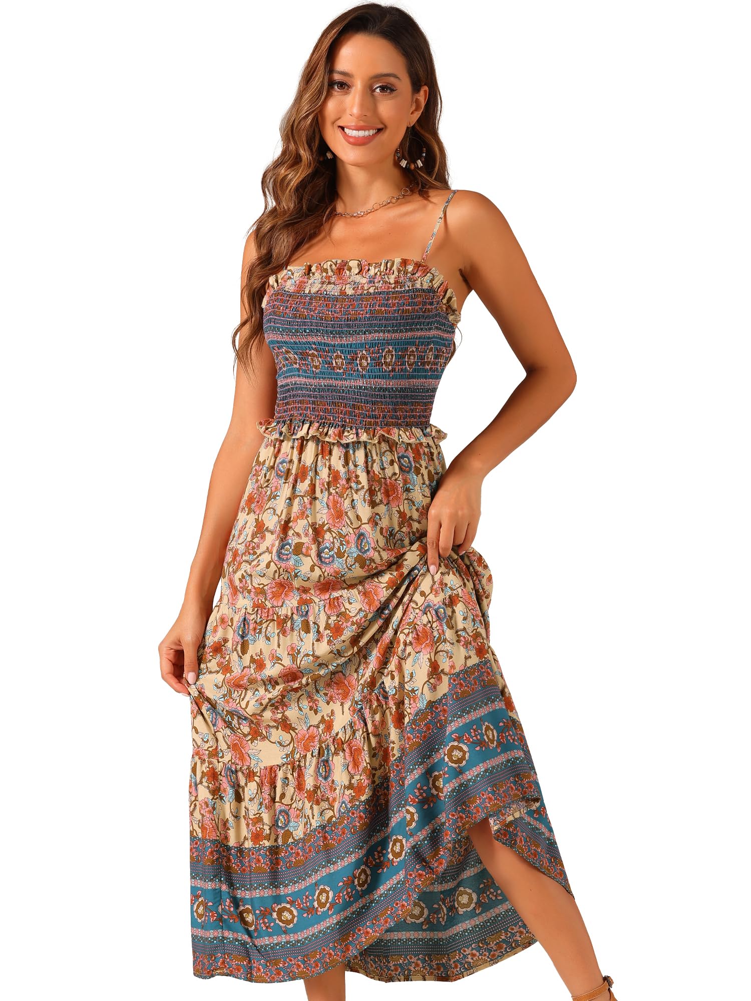 Allegra K Boho Floral Dress for Womens Spaghetti Strap Flowy Smocked Tiered Maxi Dresses