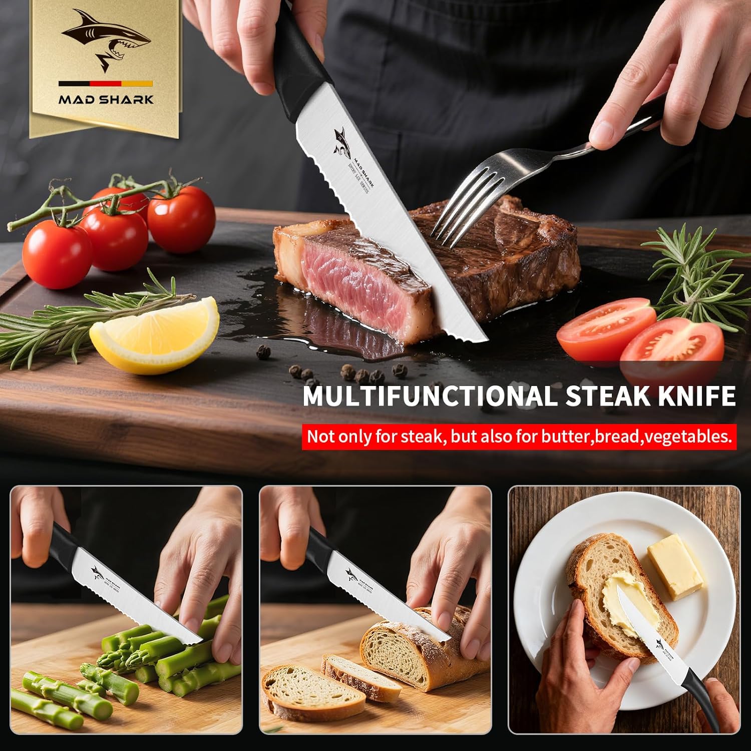 MAD SHARK Premium Steak Knife Set of 4, 4.5-inch Serrated Knives, High Carbon German Stainless Steel, Triple Rivet Construction, Perfectly Packaged in a Gift Box (Steak Knives Set of 4)