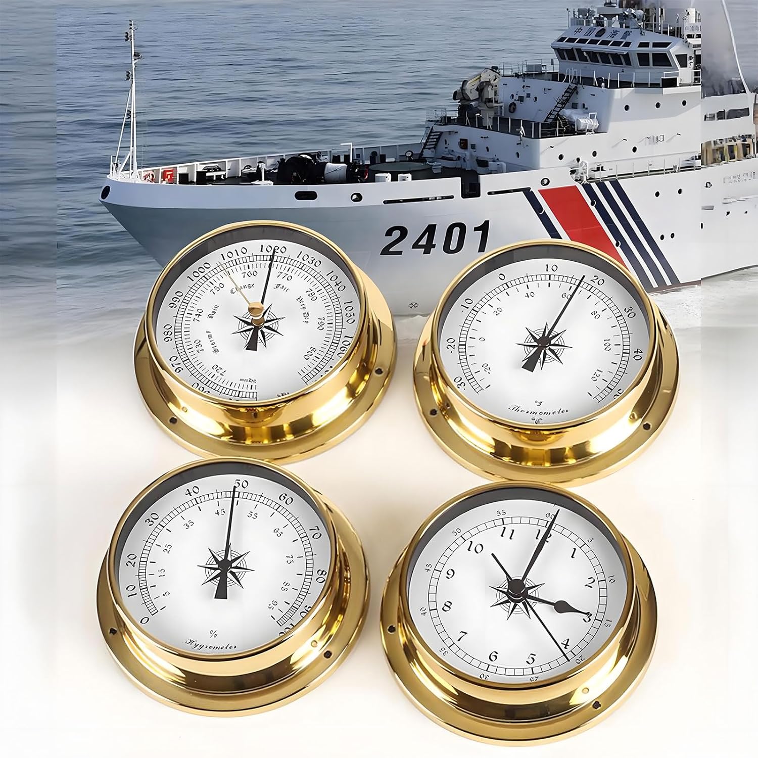 4.5In Brass Nautical Tide Clock Wall Clock, Barometer, Thermometer, Hygrometer, Thermohygrometer, Traditional Weather Station High Precision for Sailing, Fishing,Barometer