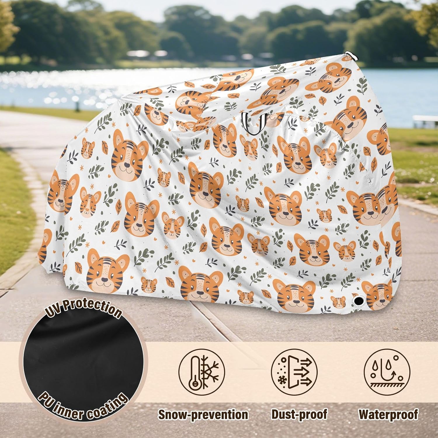 ALAZA Cute Tiger Leaves Cartoon Bike Cover Waterproof Outdoor Ebike Bicycle Covers Tarp Protection for 1/2 Bikes, Sun UV Dust Wind Proof