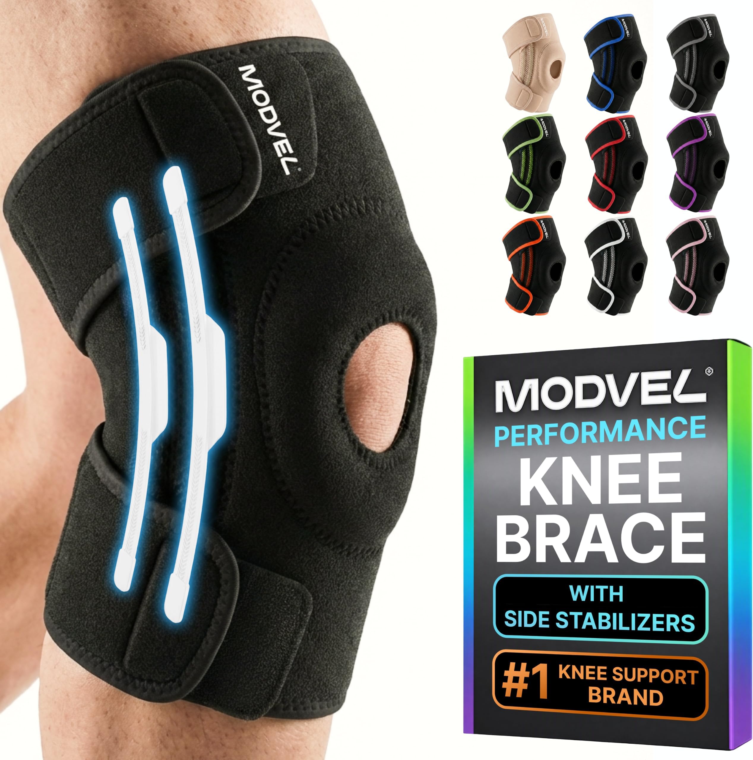 Modvel Knee Brace with Side Stabilizers & Patella Gel Pads for Pain Relief and Joint Support Breathable, Non-Slip Compression Sleeve for Men & Women, Arthritis, Meniscus, ACL Recovery