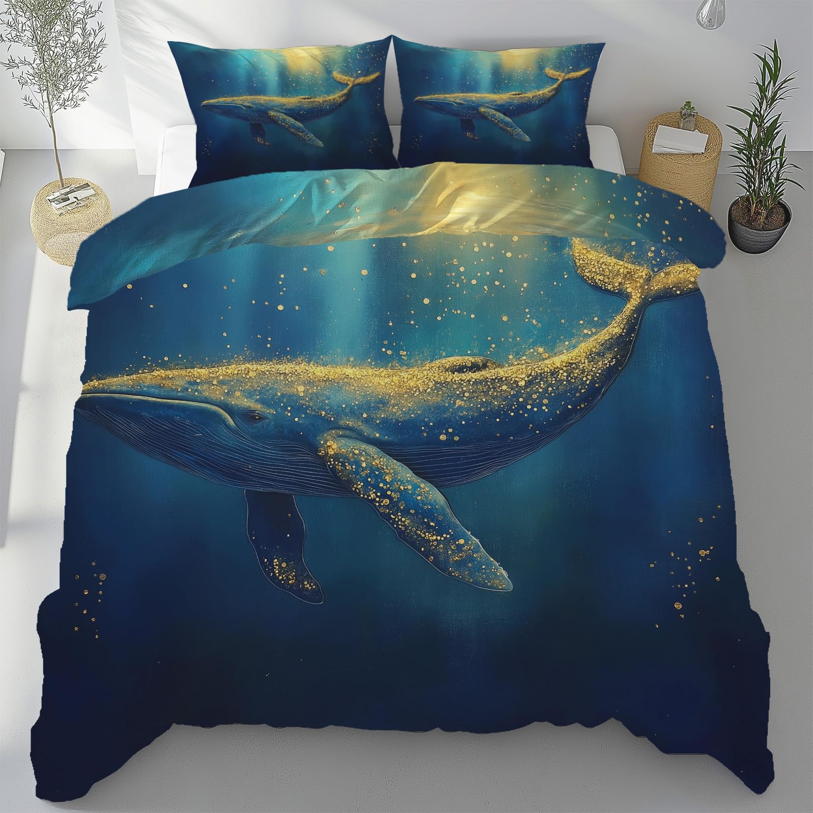 Housse de couette baleine 280x240 cm monde sous-marin en microfibre avec 2 taies d'oreiller