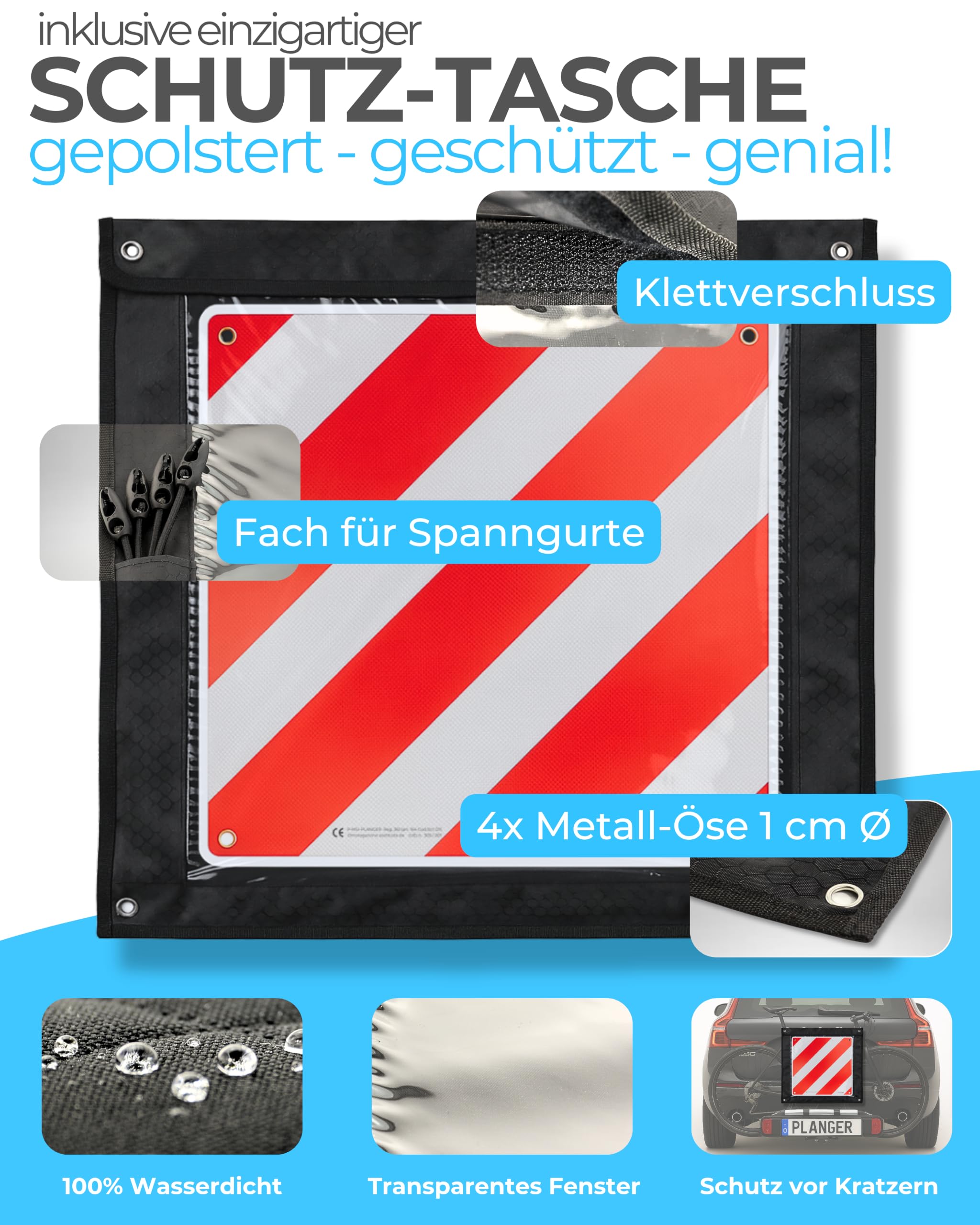 PLANGER® - Warntafel Italien und Spanien u Portugal 3in1 (50 x 50 cm) (Schild + Tasche + Spanner) - Reflektierendes Warnschild rot weiß für Heckträger u Fahrradträger