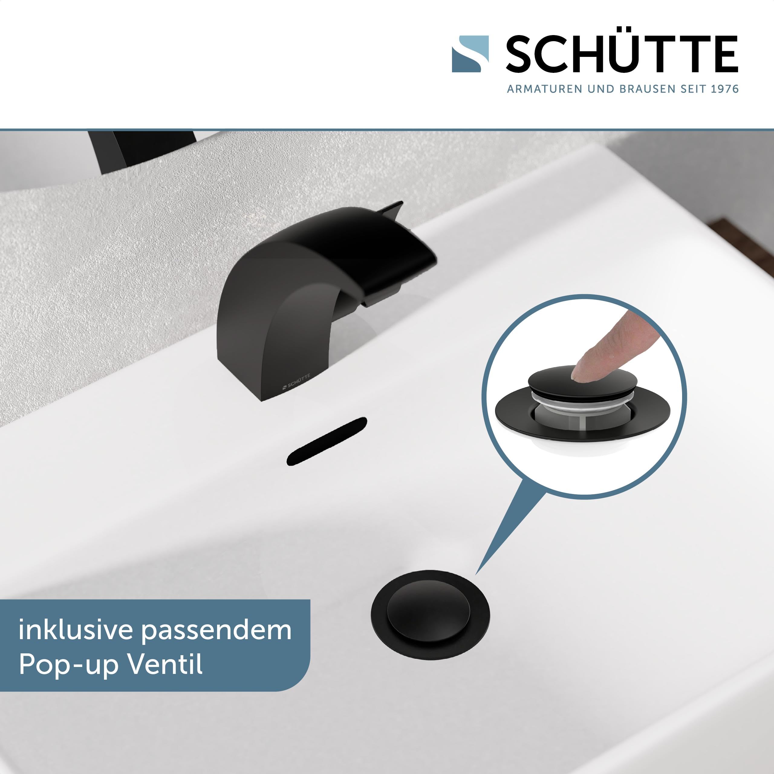SCHÜTTE 98106 PANAMA Design Wasserhahn Bad, Moderne Waschtischarmatur fürs Badezimmer, Elegante Einhebel Mischbatterie Waschbecken mit Pop Up Abflussstopfen, Schwarz