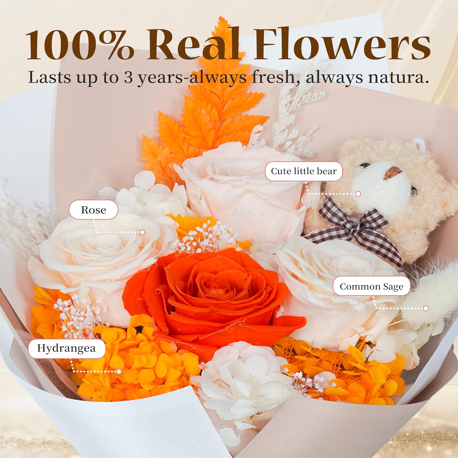 4 Orange Preserved Rose Bouquet with Bear & Vase, Eternal Flower Gift