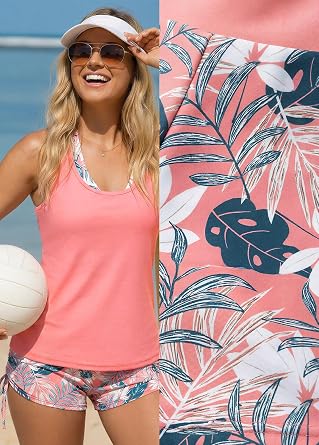 Modlily Classic 3 Piece Tankini Swimsuits for Women, Solid Tank Top & Plants Print Sports Bra with Drawstring Board Shorts