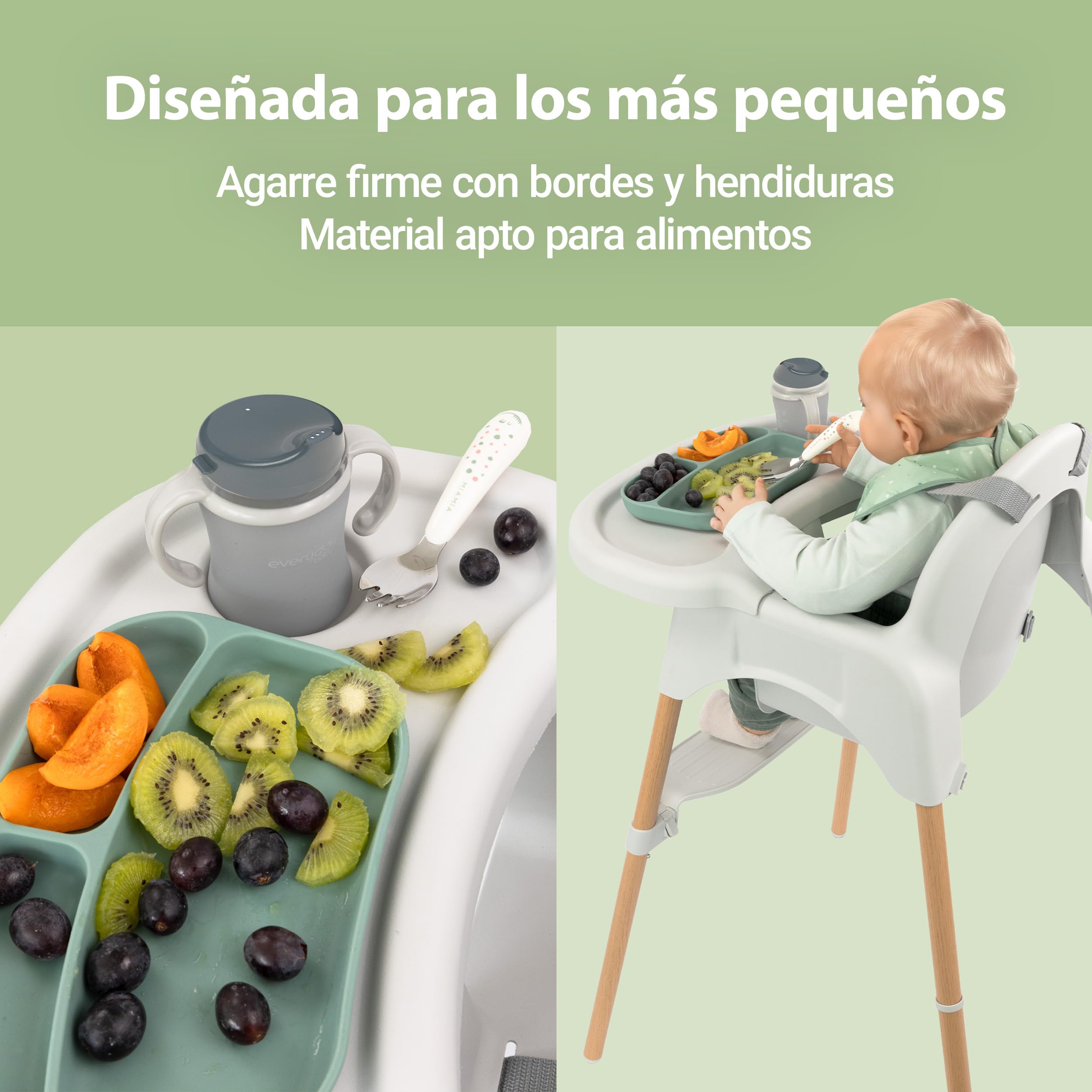 Zamboo Tronas de Bebé Ligeras desde 6 Meses 3,5 kg | Silla Alta Comedor Evolutiva con Diseño Madera - Bandeja Extraíble Grande y Arnés Seguridad 5 Puntos | Portátil - Antivuelco, hasta 15 kg – Gris