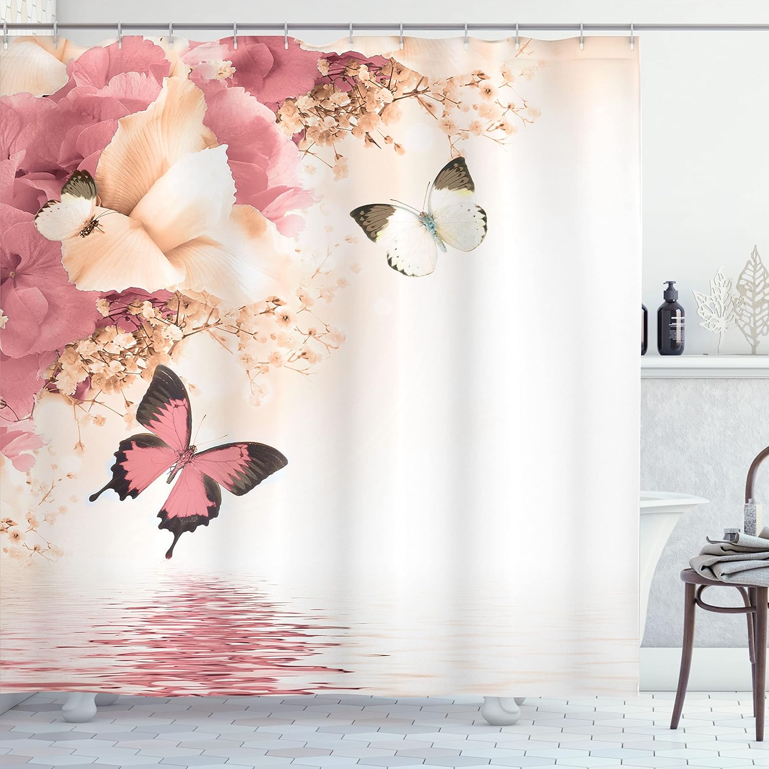 Ambesonne Floral Shower Curtain, Nature Theme Wild Flowers Monarch Flying Butterflies Lily on Lake Therapy Spa, Cloth Fabric Bathroom Decor Set with Hooks, 69" W x 70" L, Pale Peach