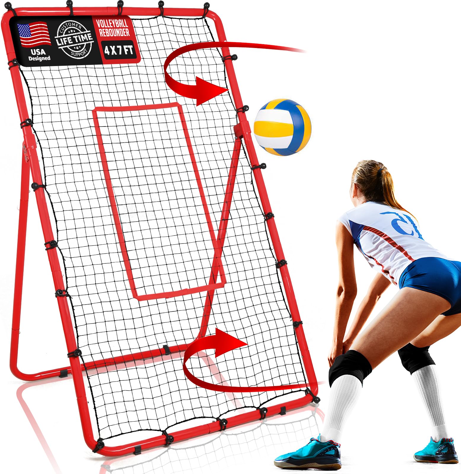 volleyball rebounder, 6-angle adjustable 4x7 ft volleyball rebounder net with steel frame & high-tension pe netting, volleyball bounce back net practice for setting spiking bumping